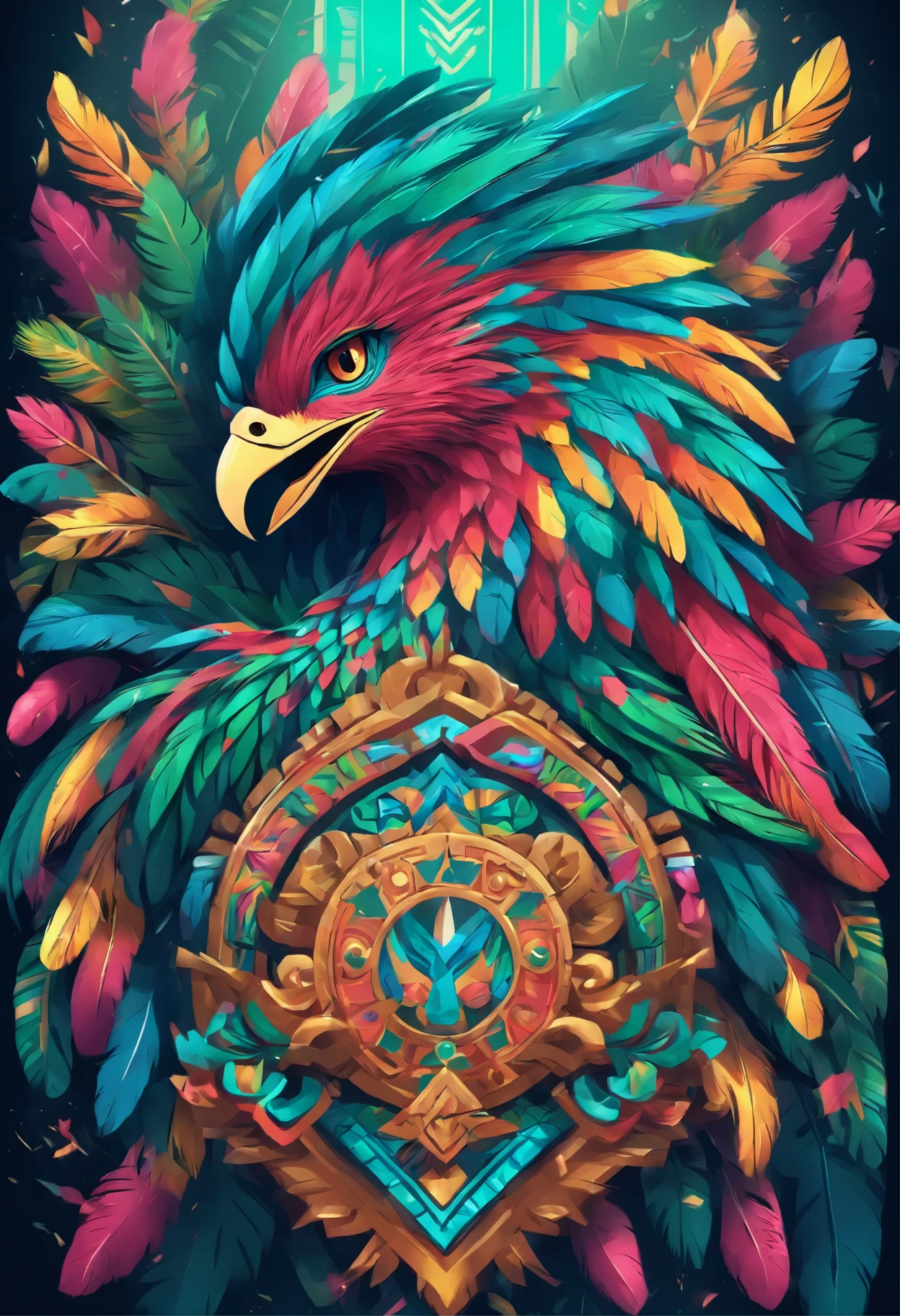 (((Escudo de plumas de quetzal))) Mejor calidad, ultra high resolution, CG detallado en 4K, obra maestra, Escudo de plumas, Mayan Mythology, Mexico, aesthetics, ((Huitzilopochtli)), hermosa imagen, Centrado en la pantalla