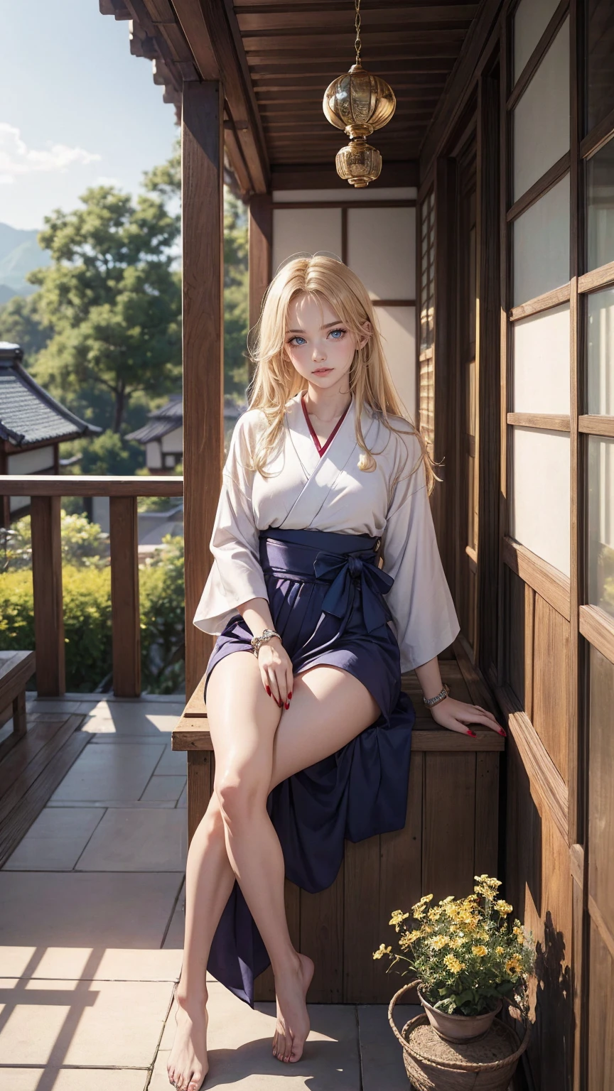 ((最high quality, 8K, masterpiece: 1.3, Ultra HD, high quality, 最high quality, High resolution, realism)) 、22 year old beautiful white woman、Hair color blonde、blue eyeedium hair、straight hair、smile、Slender but well-proportioned muscular body、Athlete-like body type、I don't want my head to disappear from the screen.、Wearing accessories on your wrist、Wearing red nail polish、I have a peticure、Sitting on the veranda of a Japanese house in the Japanese countryside、It's summer、A wind chime is hung in front of the eaves.、barefoot、Fanning oneself、A courtyard spreads out in front of the verandah.、wear a yukata