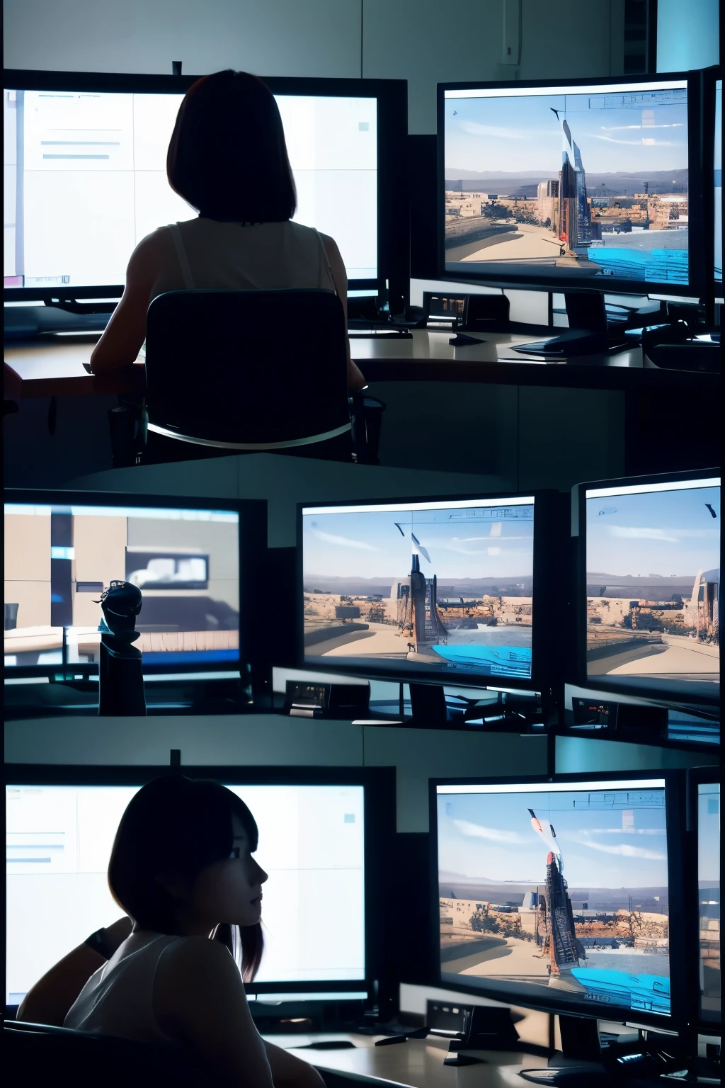 The image size is horizontal The number of monitors in the image on the left is fine. Add the back of a woman looking at a monitor.