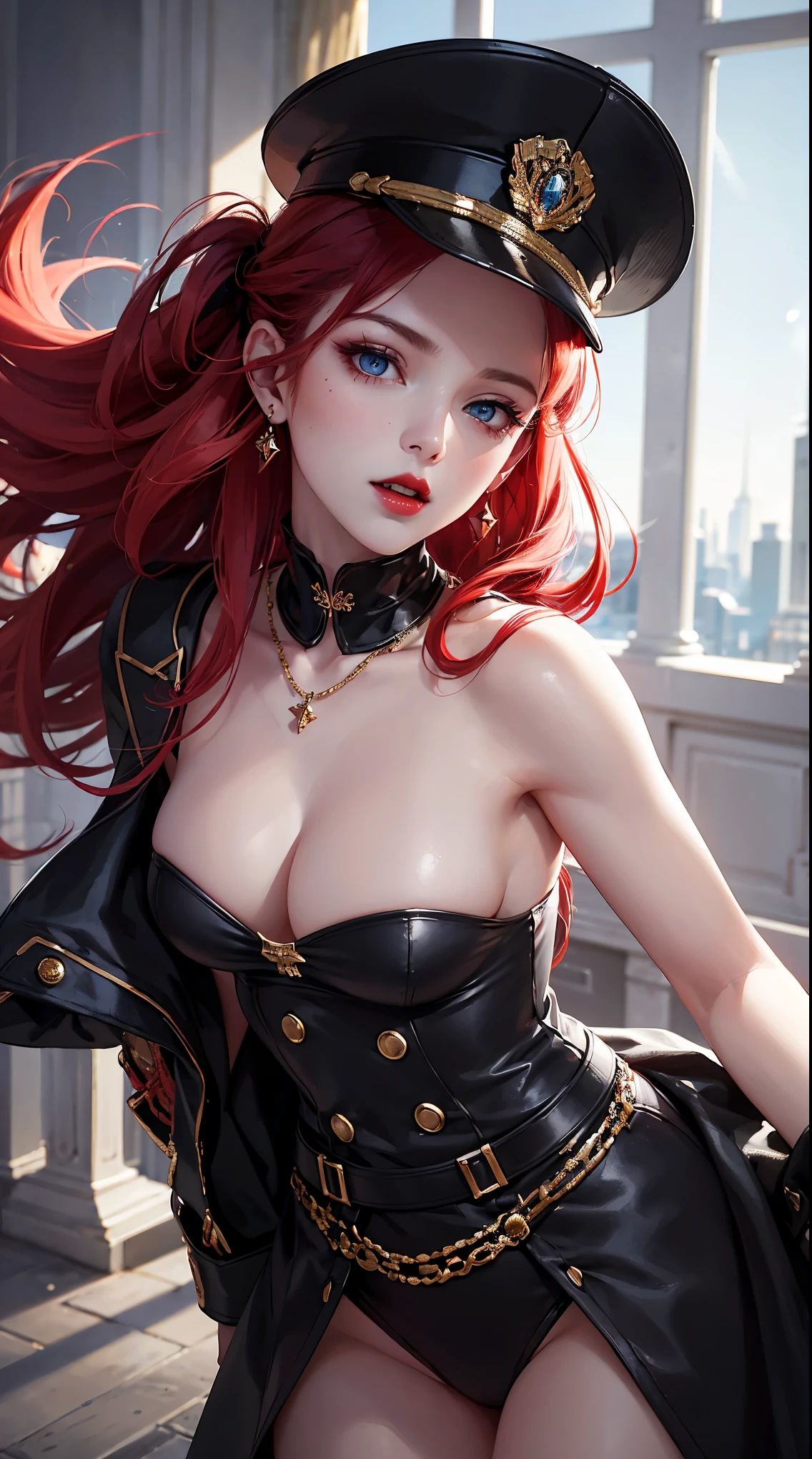 1 beautiful woman, 20 years old, long red hair (tied), pale white skin (very detailed), bright blue eyes (vampire eyes), perfect body, perfect abdomen, perfectly round butt, makeup, red lips, earrings, necklace, choker, bracelets, accessories, black and red military officer uniform, black and red military officer cap, detailed light, illustration, depth of field (best quality), (background blur: 0.6), beautiful and soft lighting, (front light: 1.5), (ultra high resolution, best quality), (8k), best quality, masterpiece), technological sense, best quality, masterpiece, illustration, official art, incredibly fine details, extremely delicate and beautiful, extremely detailed, highly detailed, sharp focus, rich background, (real person, photography), ((highly detailed skin)),