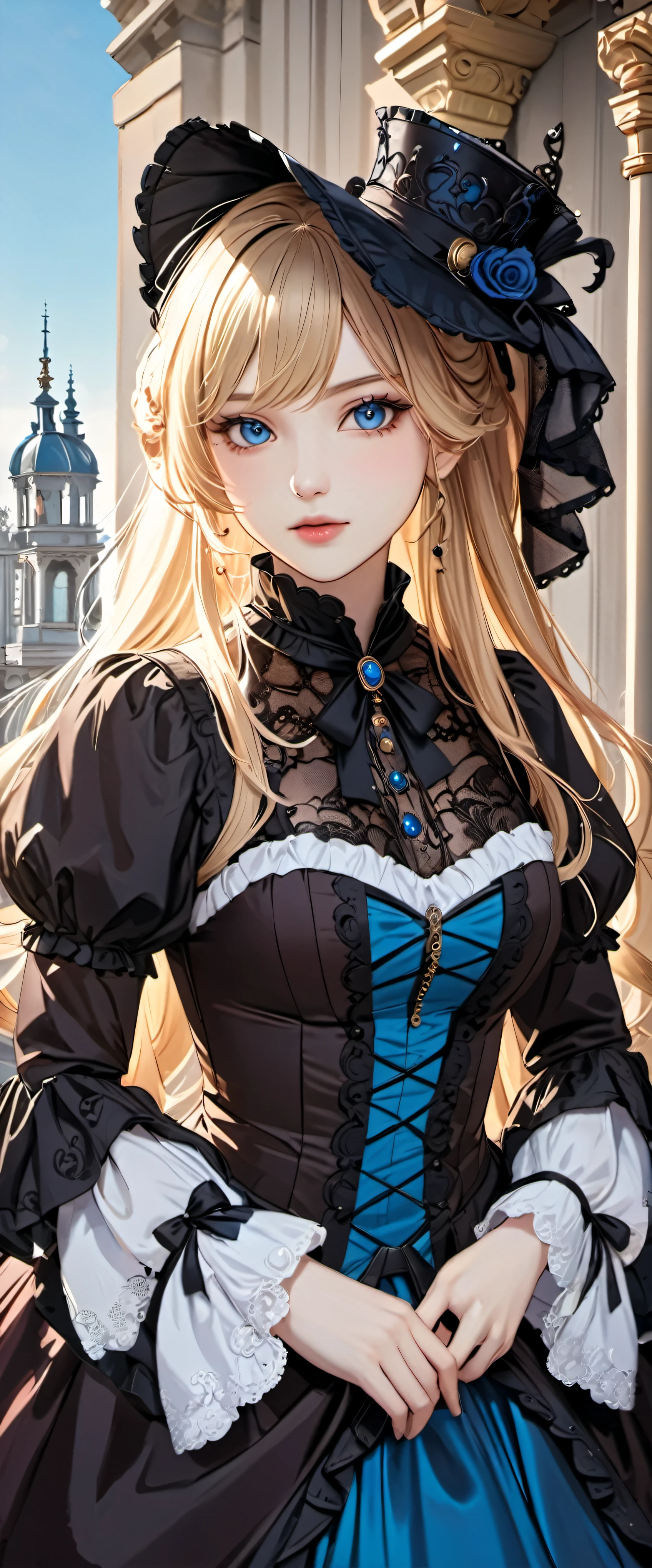woman wearing dress and boots , baroque dress, wearing a detailed steampunk dress, elegant gothic princess, victorian gothic lolita fashion, historical baroque dress dark, black gothic lolita dress, fantasy style clothing, rococo dress, black rococo, fantasy costume, wearing a gothic dress, romantic dress, gothic dress,blonde,,(((upper body portrait)))blue eyes,city