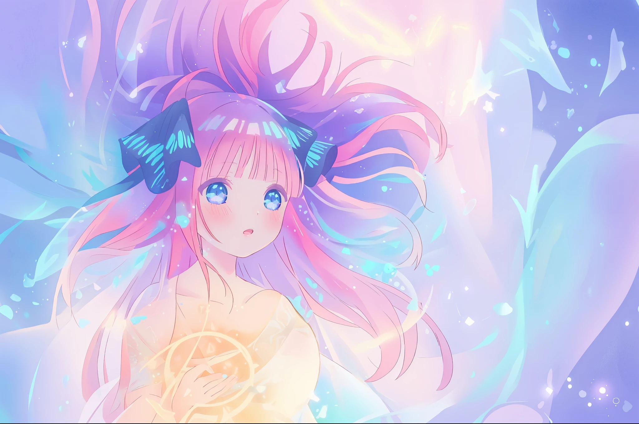 beautiful anime girl, portrait, vibrant pastel colors, (colorful), magical lights, long flowing colorful hair, inspired by Glen Keane, inspired by Lois van Baarle, disney art style, by Lois van Baarle, glowing aura around her, by Glen Keane, jen bartel, glowing lights! digital painting, flowing glowing hair, glowing flowing hair, beautiful digital illustration, fantasia background, whimsical, magical, fantasy, beautiful face, ((masterpiece, best quality)), intricate details, highly detailed, sharp focus, 8k resolution, sparkling detailed eyes, liquid watercolor