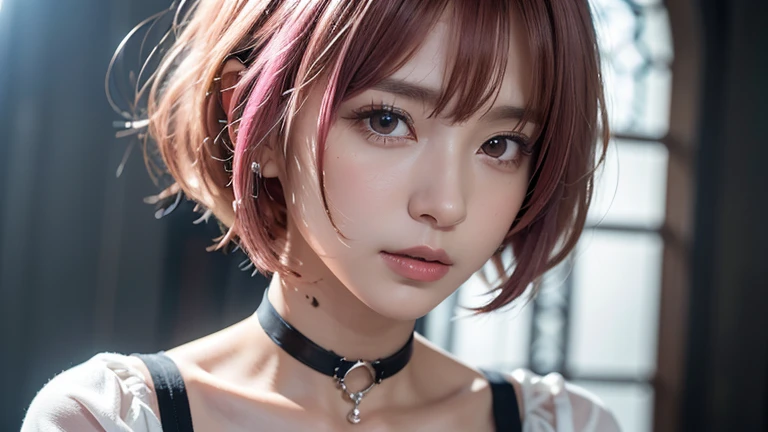 (bob cut hair, pink hair:1.2),(wearing a choker, wearing a blouse:1.2),1 girl,Japanese,21 years old,(small breasts:1.3),(highest quality,masterpiece:1.3,超A high resolution,),(Super detailed,caustics),(Photoreal:1.4,RAW shooting,)ultra-realistic capture,very detailed,High resolution 16K human skin close-up。 natural skin texture、,The pores are、、、、、、Must be detailed enough to be easily identified。 Skin should look even-toned and healthy。 Use natural light and color, sad expression, look at the camera, perfect dynamic composition, church