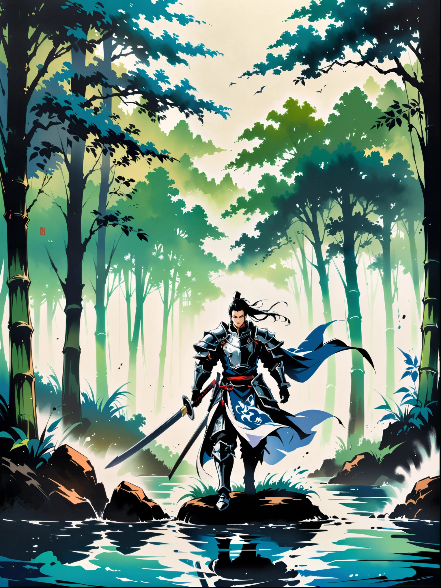 Ink painting,Male knight on the water,A bamboo forest behind,sword,landscape,Ultra HD resolution,Freehand style,majestic,Natural light