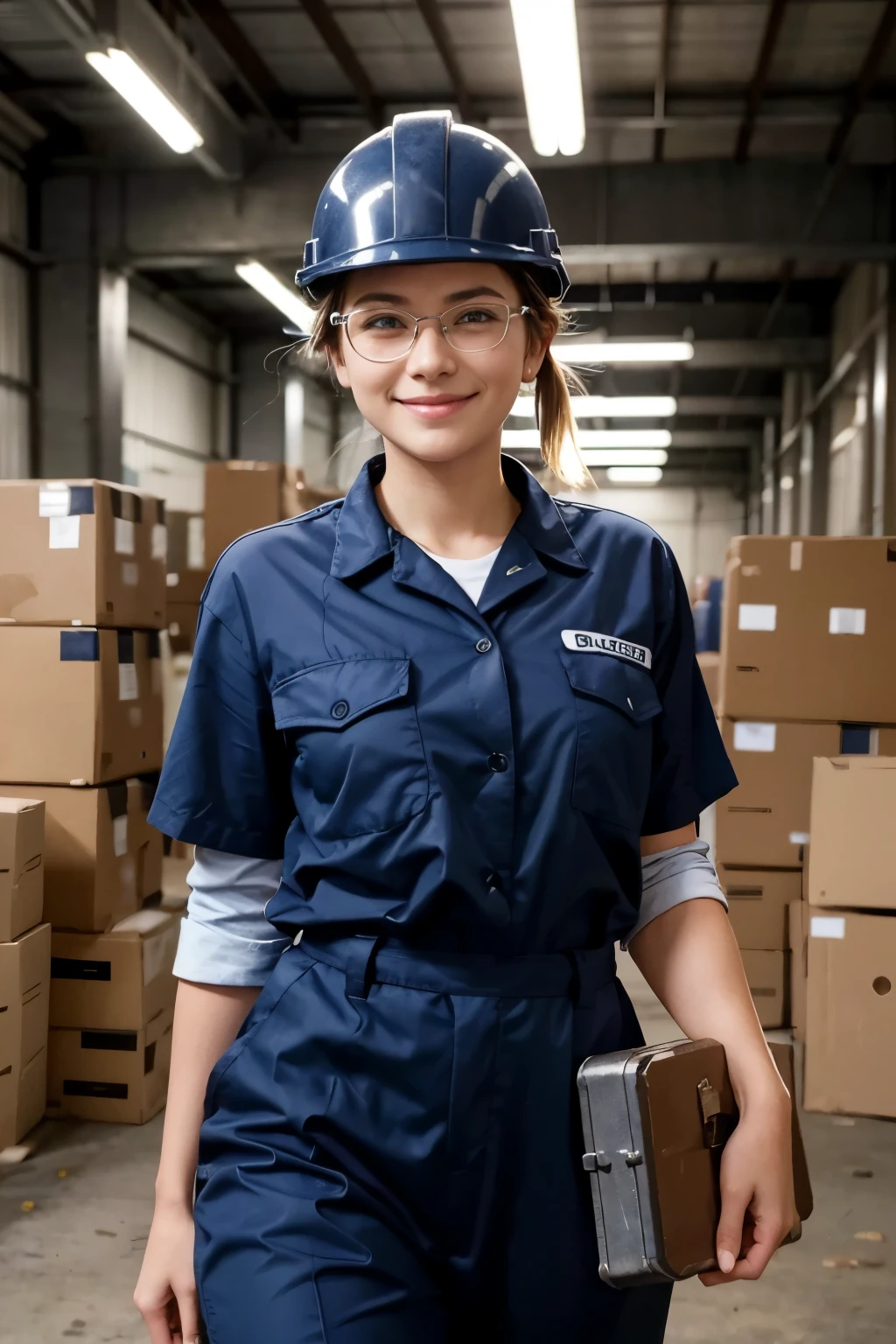 Imagine a 28 year old woman, she is dressed in her factory work uniform and helmet. The uniform is dark blue and white helmet. She has her hair tied into a tight bun and wears clear goggles. His face is illuminated by a bright smile and his eyes convey determination and joy. She is tightly holding a toolbox, ready to start her work day. You can feel the positive energy she radiates despite the industrial environment around her. Her posture is confident and her stride is steady as she heads to her workstation. This image reflects a strong, hardworking and happy woman, ready to face any challenge the day may bring.