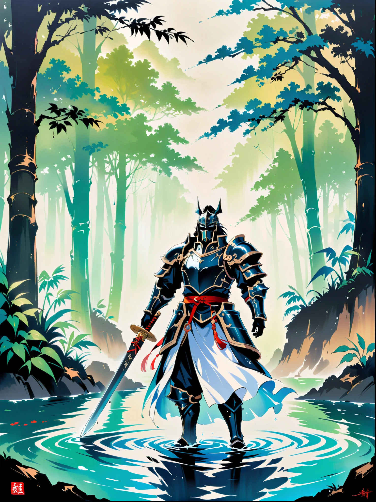 Ink painting，Male knight on the water，A bamboo forest behind，sword，landscape，Ultra HD resolution，Freehand style，majestic，Natural light