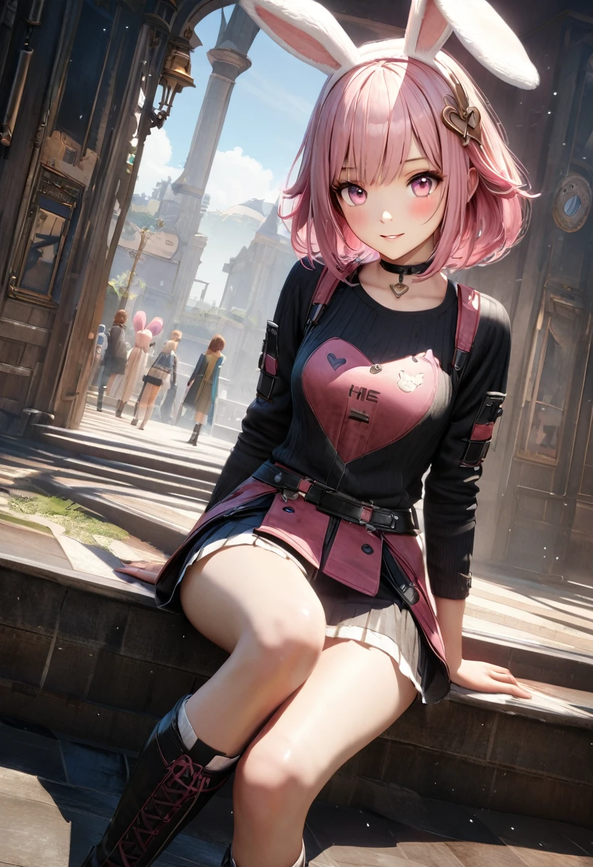 ((High waist pleated skirt)),  (park daytime), break, skinny, 4 defined fingers, 1 defined thumb, looking at viewer, solo, 1 woman, 25 years old, AI generated, highest quality, masterpiece, skindentation, perfect face, 8k , cowboy shot, (short hair), (pink hair:1.5), bob cut, black eye, smile, thin thighs, ((medium breasts)), perfect limbs, sexy, Dutch Angle, Kneel, (sit), Bright sky,