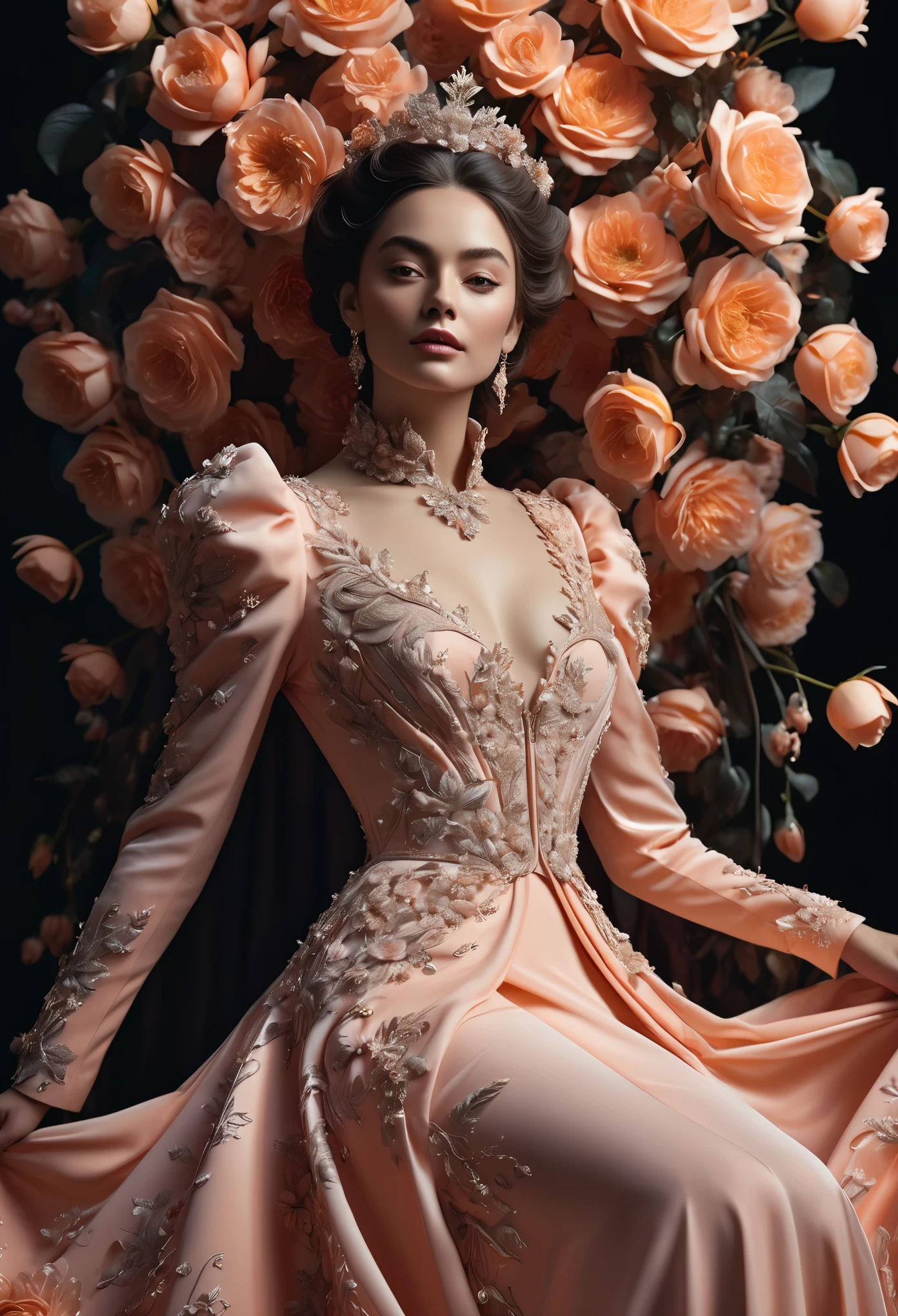 Masterpiece, high quality, queen of the rose flowers kingdom, beautiful female wearing flower suit, a haute couture dress of rose flowers and its petals, curvy features, costume design, octane render, supernatural grandeur, ethereal translucent layers, shimmering natural layers, majestic flowing, timeless sophistication, enigmatic aura, detailed and nuanced brushstrokes, dramatic chiaroscuro lighting, deep tones of peach color, luxurious velvety shadows, luminescent outlines, atmospheric depth, artistic finesse, reminiscent of da Vinci's masterful techniques, natural ornaments, dress flowing like flower petals, whispering enigmas of future eras, avant-garde, a dream, subtle texture, Shot on a Hasselblad medium format camera with a prime lens. Unmistakable to a photograph. Cinematic lighting. Photographed by an award winning photographer, insanely detailed and intricate, hyper maximalist, elegant, dynamic pose, photography, volumetric, ultra-detailed, intricate details, super detailed, ambient, uplight --ar 9:16 --style raw --v 6.0 