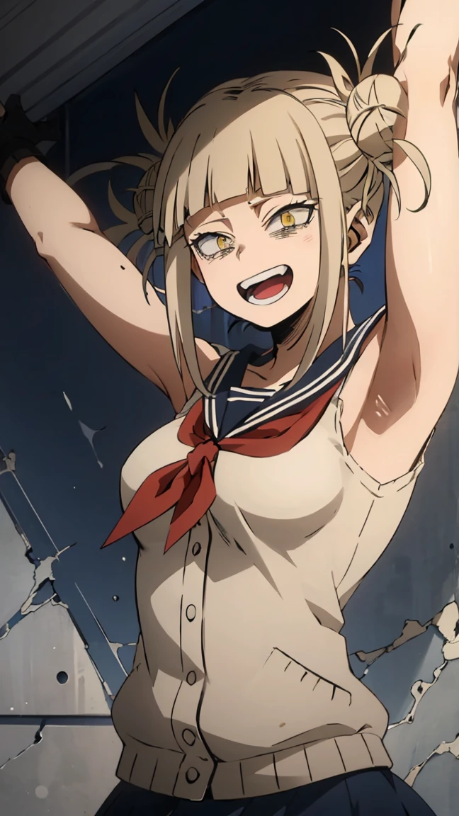 upper body, sleeveless, cleavage, arms up,himikotoganova, (1girl, solo), (perfect eyes), blonde hair, double bun, messy hair, bangs, yellow eyes, serafuku, bags under eyes, crazy smile, open mouth, blue skirt, looking at viewer, red neckerchief, yandere
