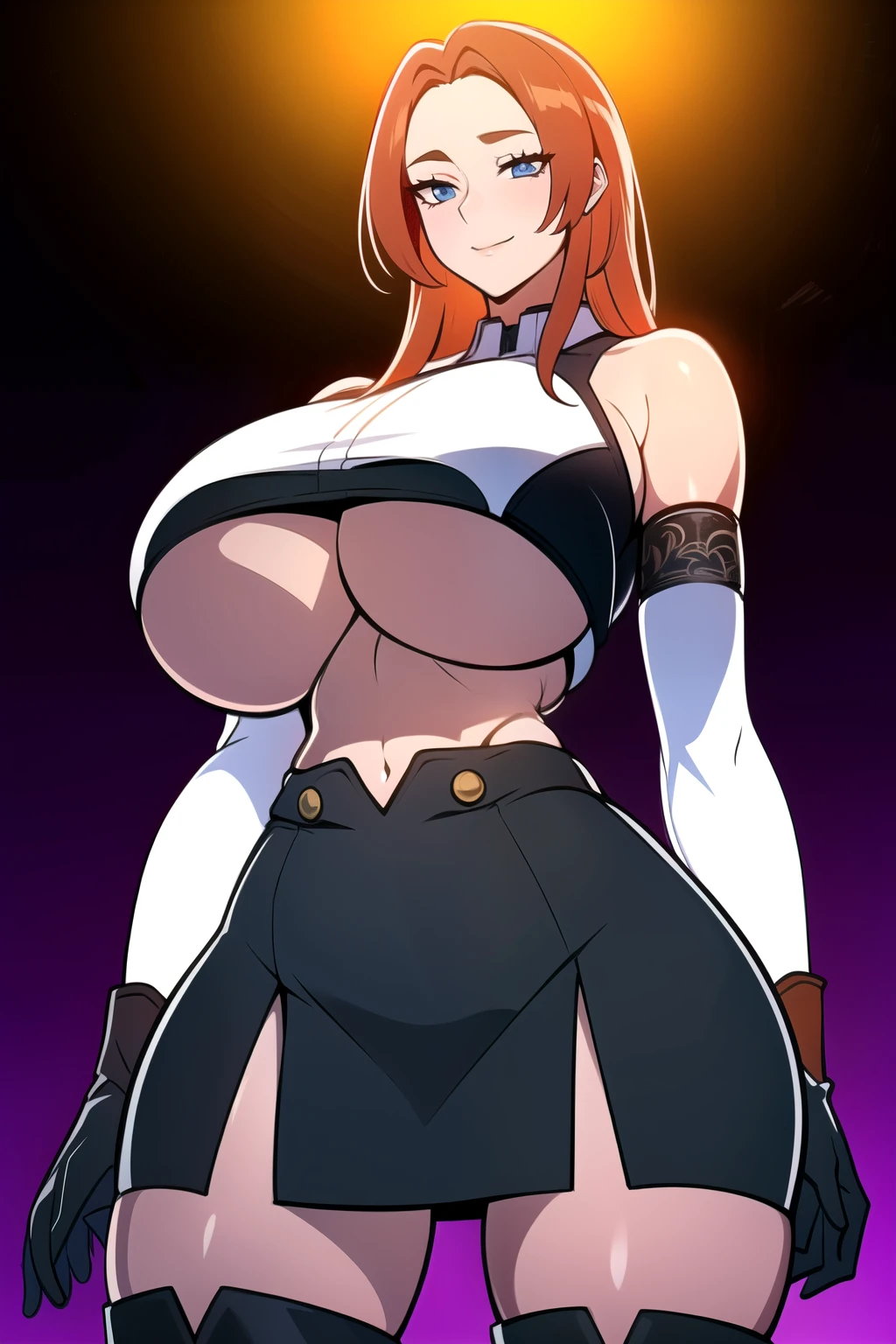 ultra realistic 8k cg, masterpiece, ((ultra detailed background, intricate detail, highly detailed, fine details best quality, hyperdetailed face)), gigantic breasts ,beautiful lighting, absurdres, BoaHancockV2, 1girl, solo, (orange hair :1.4), long hair, jewelry, closed mouth, ), ((black crop top : 1.1), (underboob : 1.4), elbow gloves, thigh boots, split skirt, bare shoulders, curvy, midriff, curvy, thighs, shiny clothes), blue eyes, complex detailed background, inside, luxury palace), ((cowboy shot)), curvy, (gigantic breasts: 1.1), seductive smile, cowboy shot,