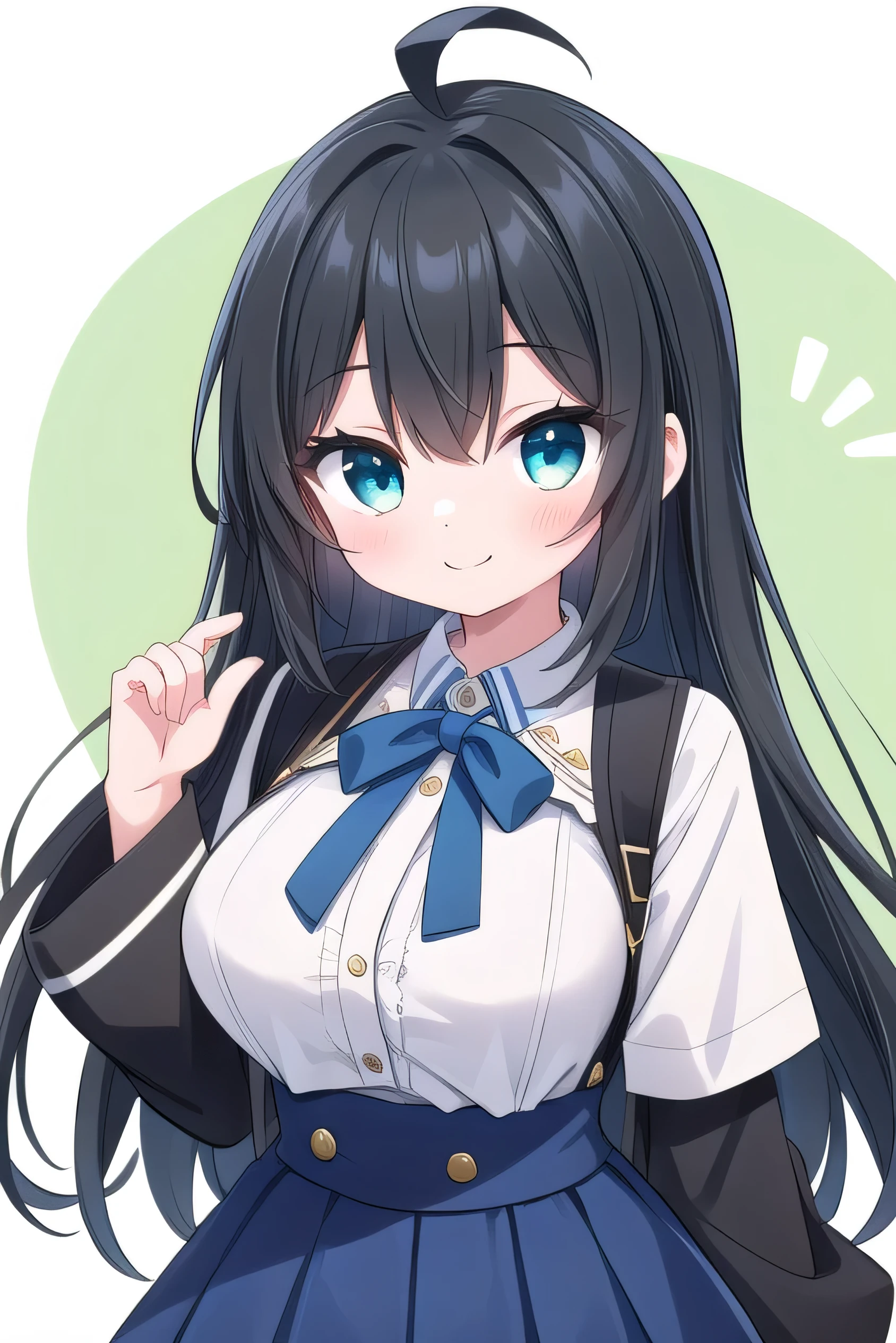  high schoolooks like an elementary school st short, 140cm tall, black hlight green tinge, short ahoge, beautiful long hair but with a little hair sticking out, beautiful round eyes, blue eyes, smile, boyish, long sleeves , thick clothes, skirt, big breasts, hair longer than waist, long hair, young face, dark greenish black hair, gentle smile, a little shy, skirt is black, hair is black but has a slight green tinge, boyish and gentle smile I have.