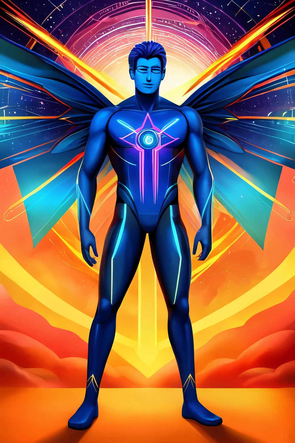 Illustration, human body, man, wings, energy meridians, 2D, logo (stand up man full body and full wings front side looks to the camera ) 