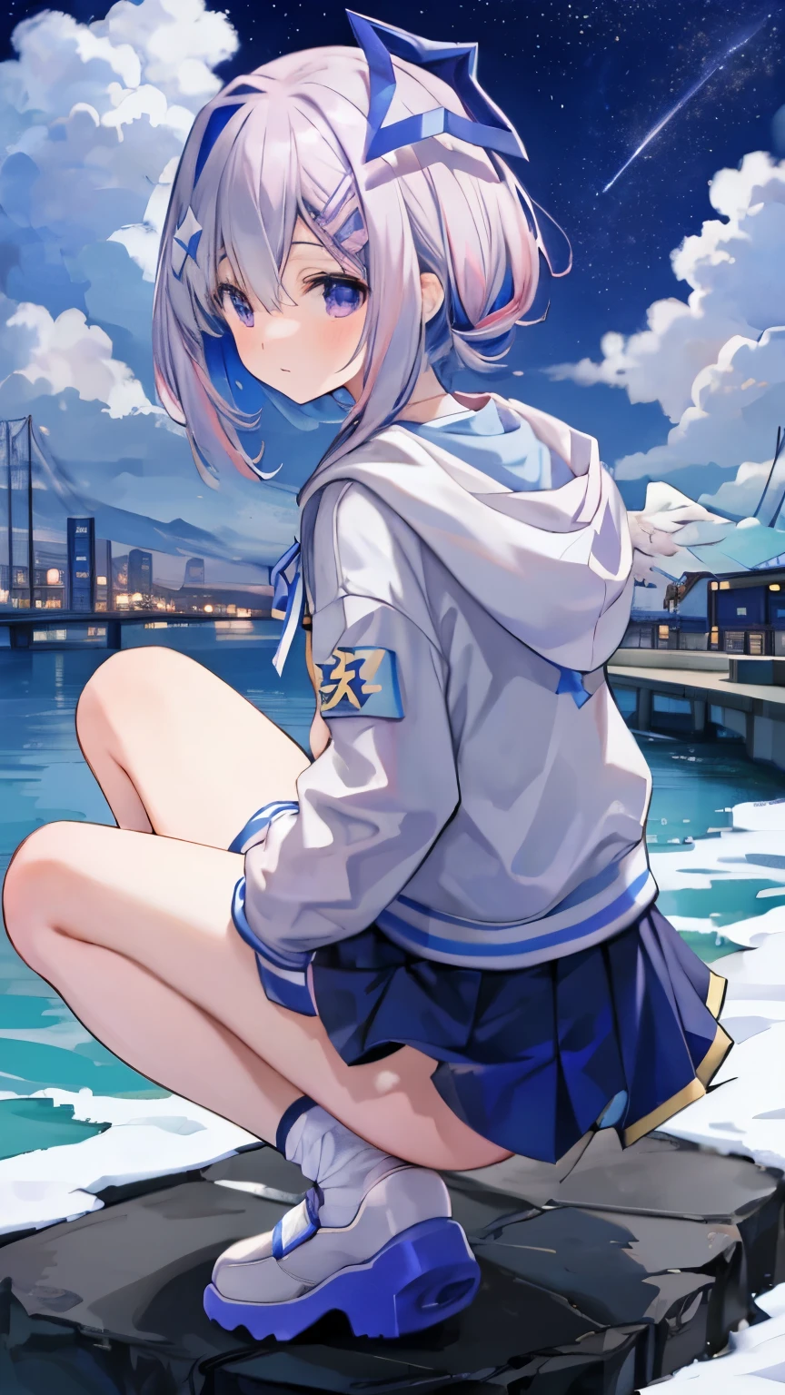 amane kanata,put on a hoodie。Lower body naked,butt,cool,Beautiful night view background,stand on tiptoe,bend your knees,turn the knees outward,back view