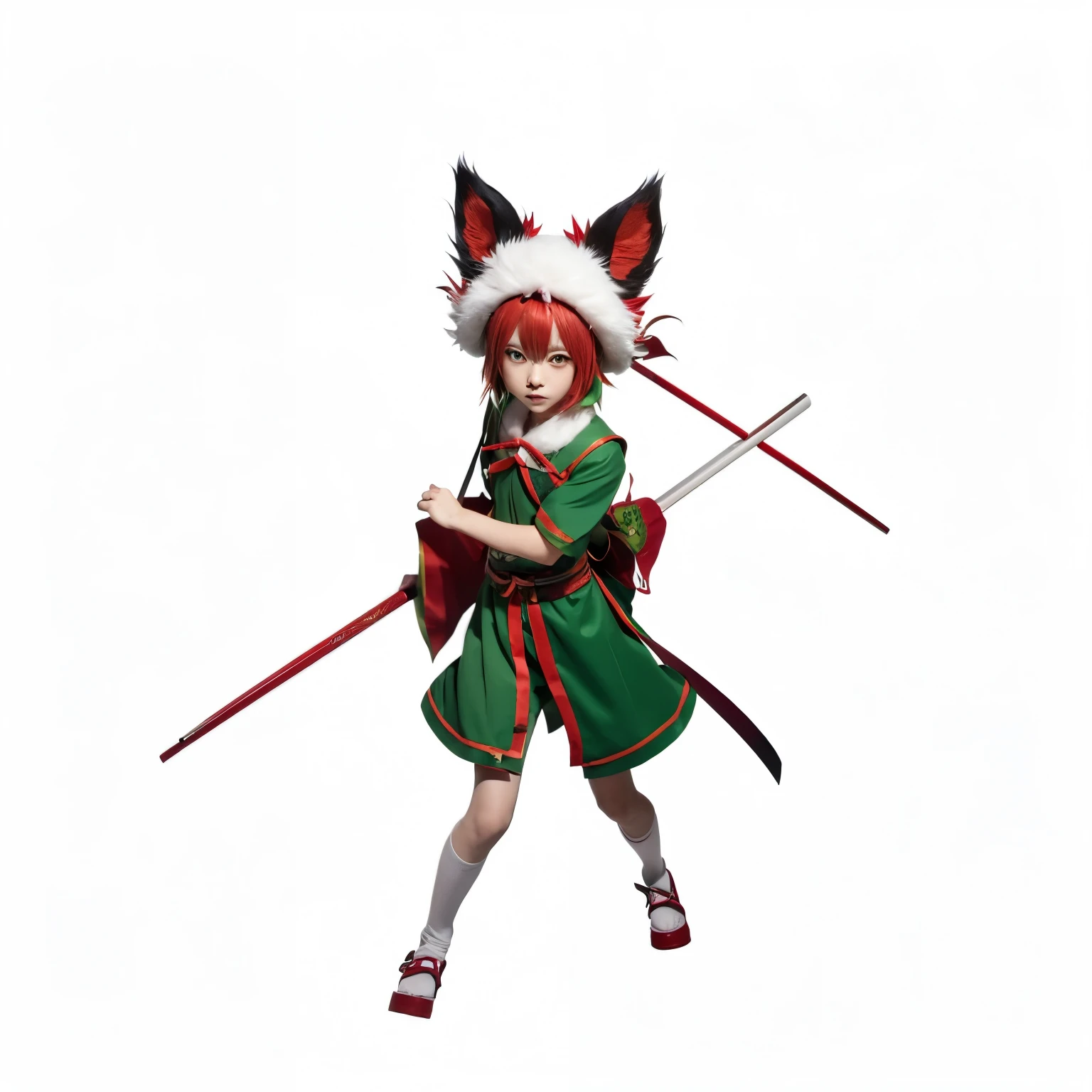 anime character of a cat dressed in a green and red outfit, zerochan, touhou character, demon slayer rui fanart, zerochan art, kitsune holding torch, from touhou, by Kanbun Master, fox nobushi, amaterasu, inspired by Kanbun Master, anime cat, miko, nekomimi, kitsune, sora as a cat