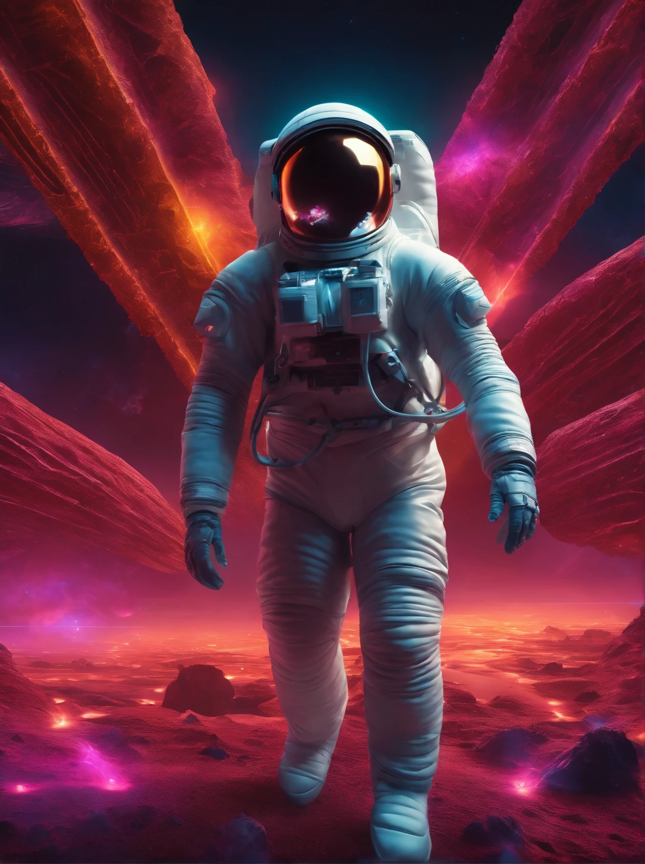 A cybernetic astronaut floats in a surreal landscape of neon fractals and glowing glyph patterns.