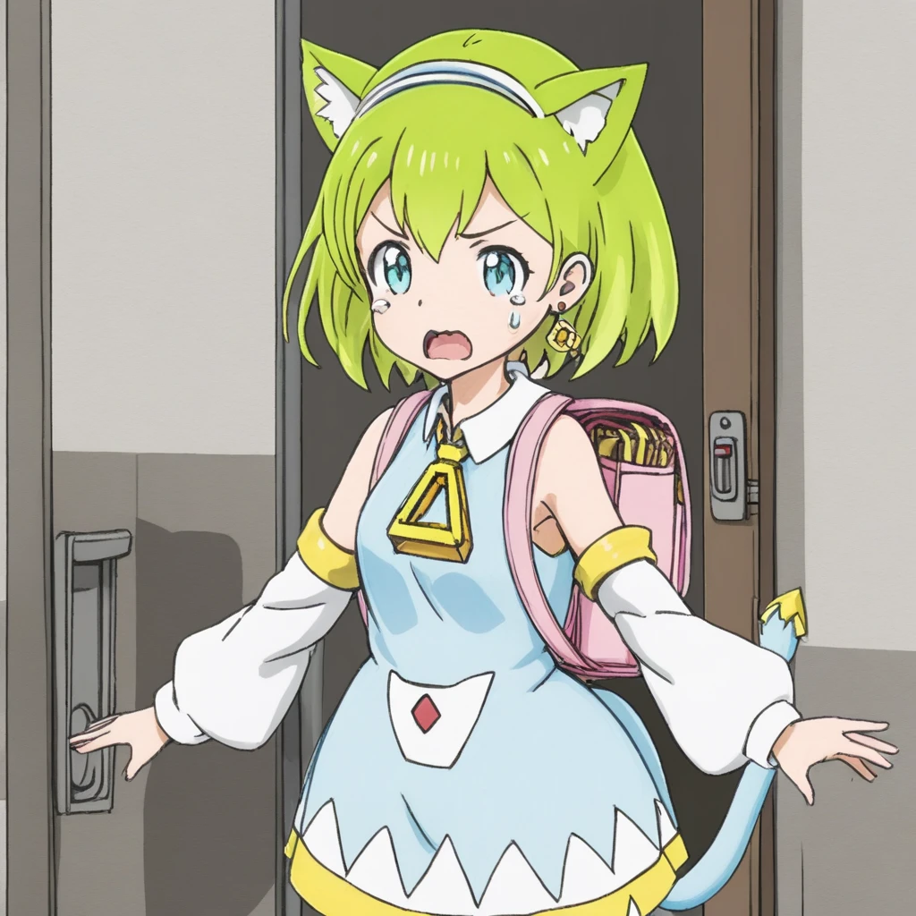 1 girl,Deltamon,blue tail,chibi character,Entrance ceremony,tears,looking at the viewer,kimono,School,open your mouth,cry