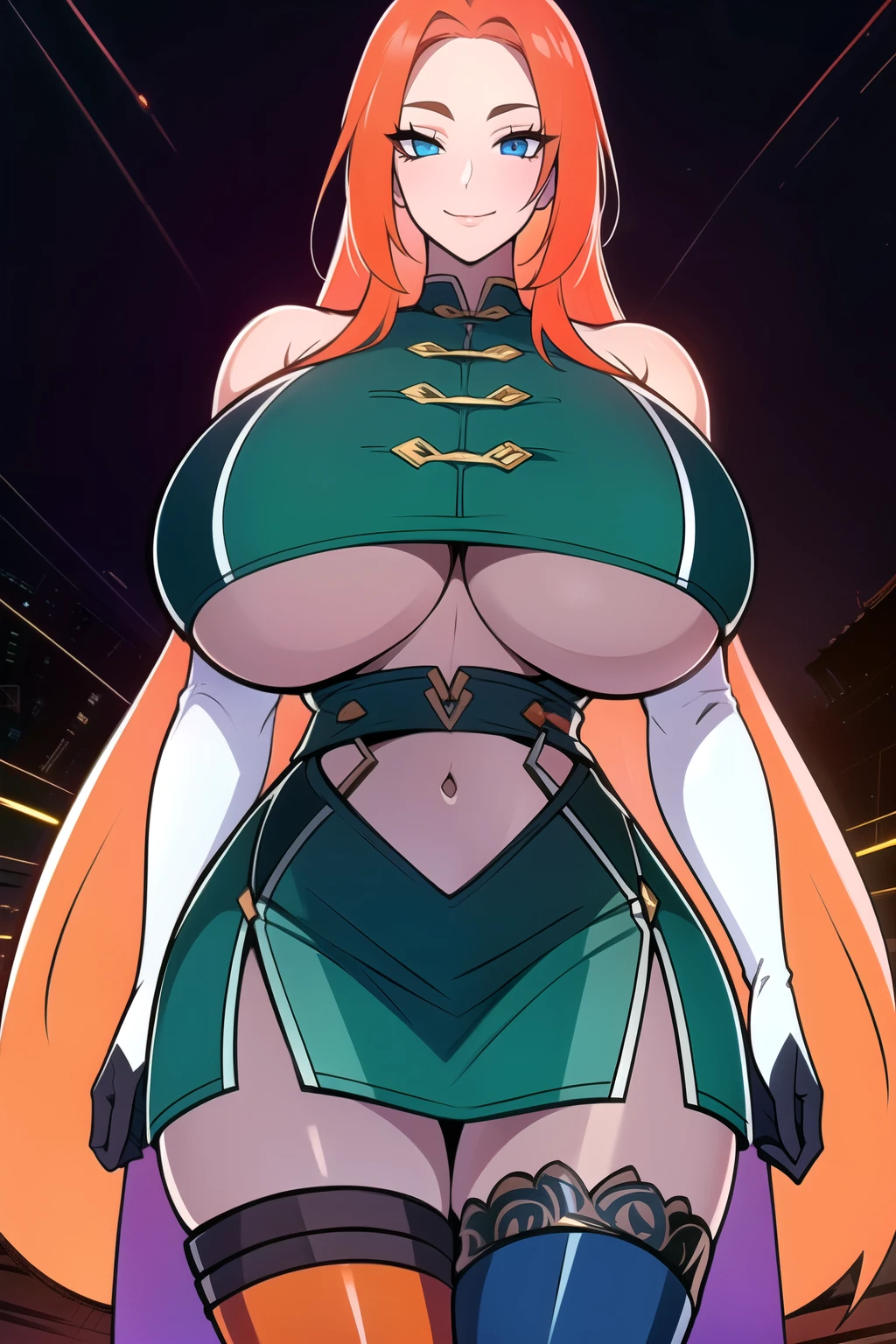 ultra realistic 8k cg, masterpiece, (( intricate detail, highly detailed, fine details best quality, hyperdetailed face)), gigantic breasts ,beautiful lighting, absurdres, BoaHancockV2, 1girl, solo, (orange hair :1.4), long hair, jewelry, closed mouth, ), (chinese dress, (underboob : 1.4), elbow gloves, thigh boots, split skirt, bare shoulders, curvy, midriff, curvy, thighs, shiny clothes), blue eyes, (complex detailed background, inside, luxury palace), ((cowboy shot)), curvy, (gigantic breasts: 1.1), seductive smile, cowboy shot,