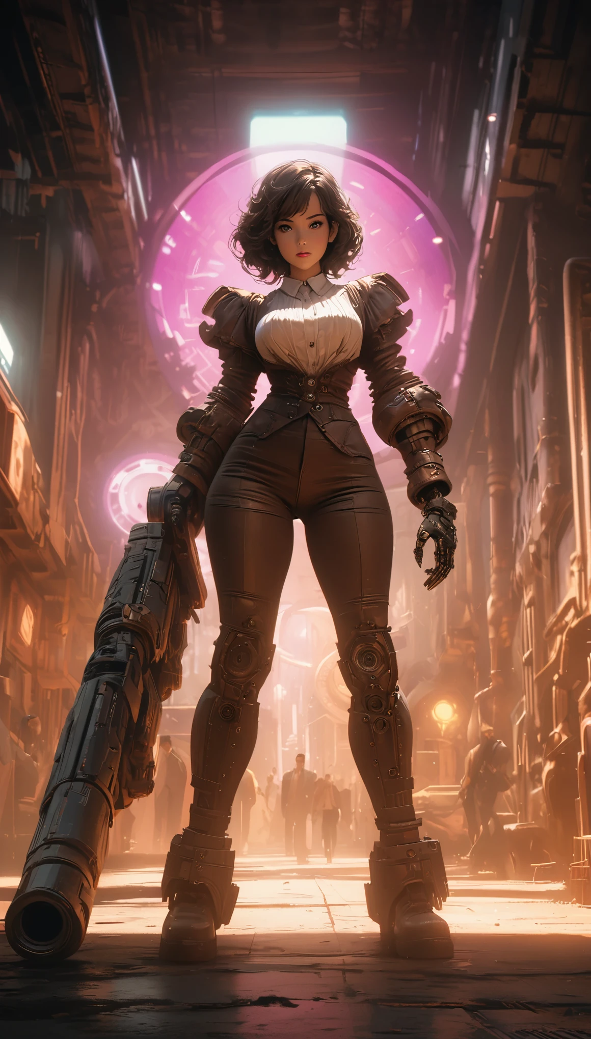 Steampunk style JK girl,Holding a huge mechanical hand cannon,There is a black blurry shadow standing behind me,Beautiful,celluloid style,Flat coating,HD,CG art,hyper-realistic,comics,8K,looking into camera,high quality,illustration,Vaporwave style,rim light,CG art,movie lighting,8K,Super detailed,complex,OC renderer,cinematic perspective,high resolution,movie lighting,