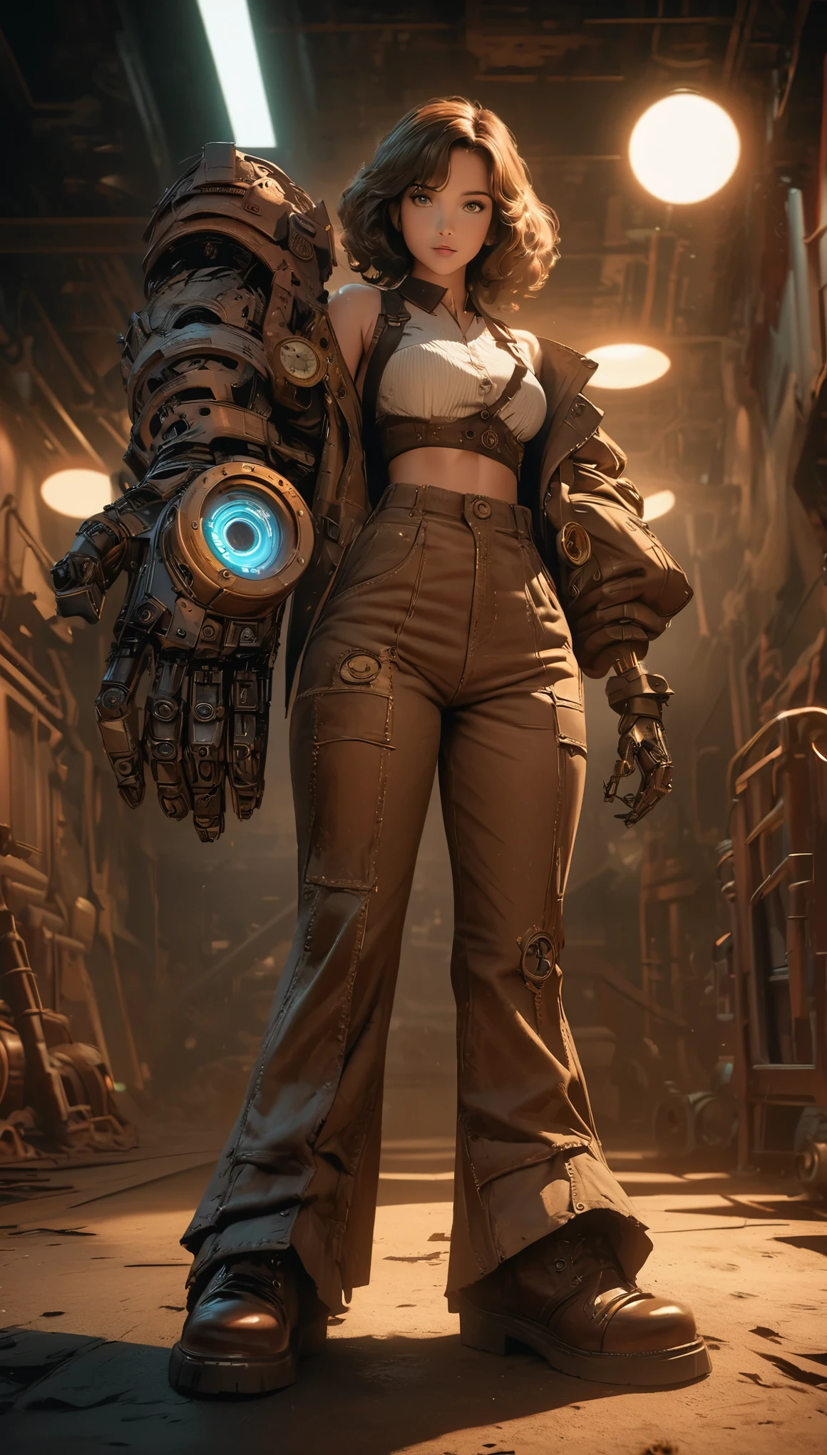 Steampunk style JK girl，Holding a huge mechanical hand cannon，There is a black blurry shadow standing behind me，Beautiful，celluloid style，Flat coating，HD，CG art，hyper-realistic，comics，8K，looking into camera，high quality，illustration，Vaporwave style，rim light，CG art，movie lighting，8K，Super detailed，complex，OC renderer，cinematic perspective，high resolution，movie lighting， 