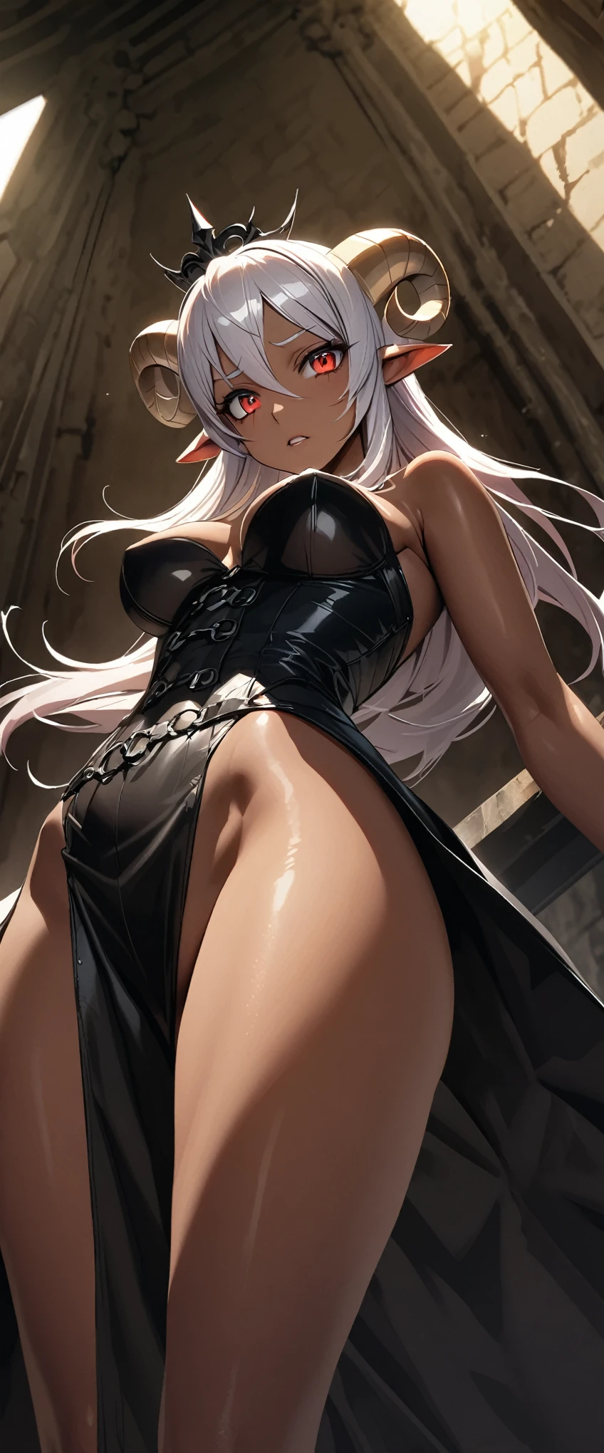 masterpiece, highest quality, High resolution, 8K, Extremely detailed CG unified 8k wallpaper, shiny skin, realistic skin texture, (huge stunning goddess shot, very hot and sexy, jaw-dropping beauty, perfect proportions, beautiful body, slim body beauty:1.4), Empress of the Underworld, (White hair, Brown skin, curled horns like a sheep, Large eyes, long ears, black tiara on head, red eyes:1.5), watching to the camera, beautiful, red leather gloves, gloved hands, (Wearing a black corset and a black gothic dress on bare skin), (I stand with legs open:1.5), perfect face, edgy punk accents, such as leather gloves, leather harness, leather straps, spikes, and chains, perfect anatomy, Throne room in the underground temple, (View from below:1.3), (View from behind:1.3),