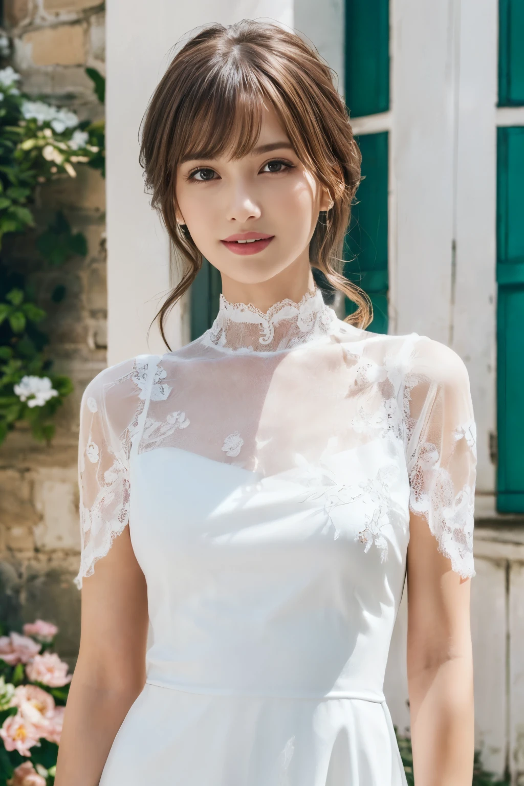 ((table top:1.4, highest quality)), (realistic pictures:1.4),
((1 girl)), (Pure actress), (dream-like),
(超High resolution:1.2), very delicate and beautiful, wonderful, Highly detailed CG Unity 8K wallpaper, Super detailed, High resolution,
soft light, beautiful detailed girl, highly detailed eyes and face, beautifully detailed nose, beautiful and detailed eyes,
(wear a white lace dress:1.3), (lace shawl)
cinematic lighting, perfect anatomy, slender body, (parted bangs),
(Standing in an old French town:1.3), (White Wall House々:1.3), (Colorful flowers blooming all over the wall々), (window), (refreshing weather), (outdoor),
cowboy shot, looking at the viewer, (archaic smile)