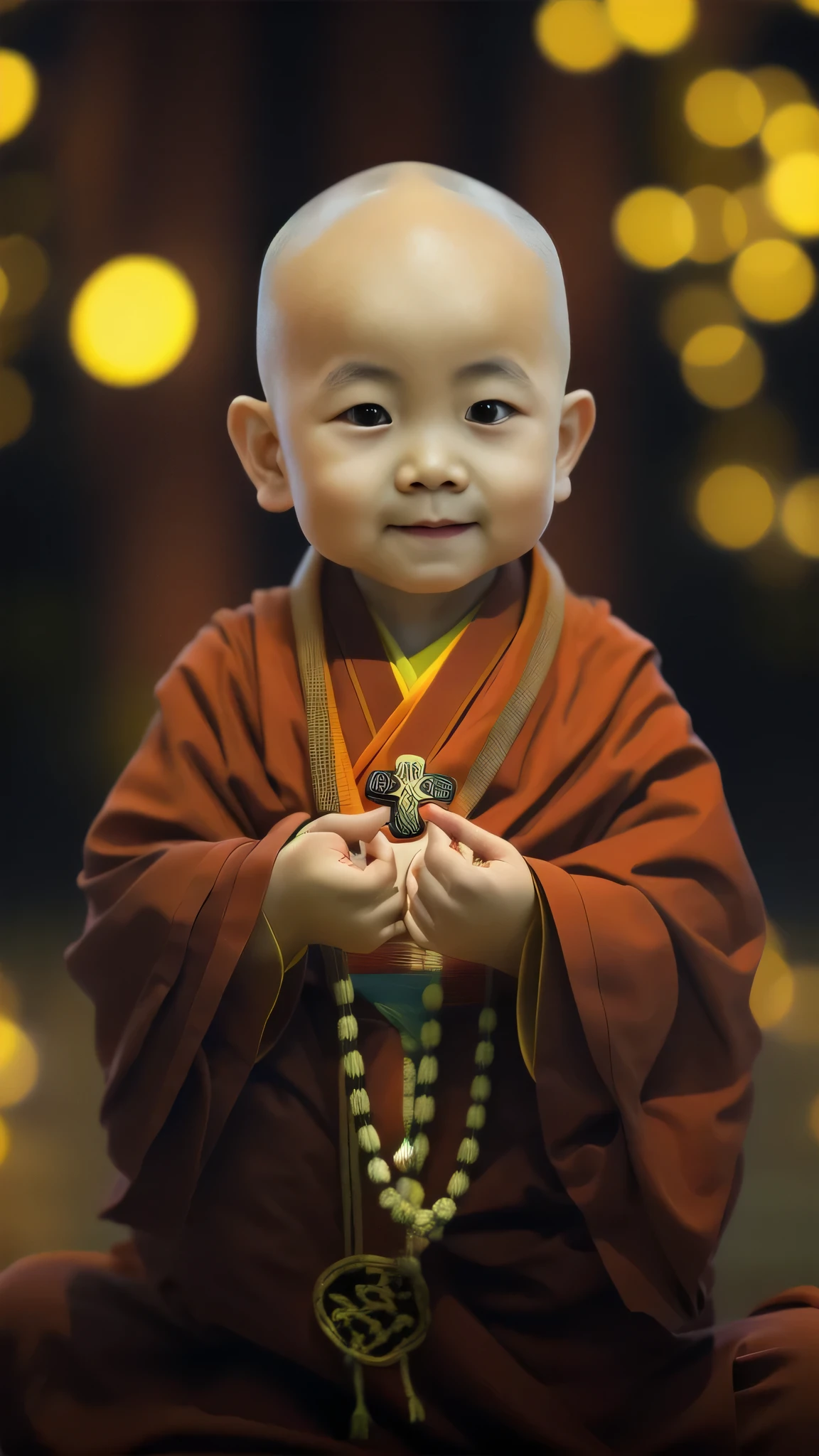 2 year old Japanese  monk，he had his hands folded，sit cross-legged，Orange monk's robe，perfect facial features，towards the audience，on a black background，Super clear image quality，Ultra-realistic style of life life，9:16 scale