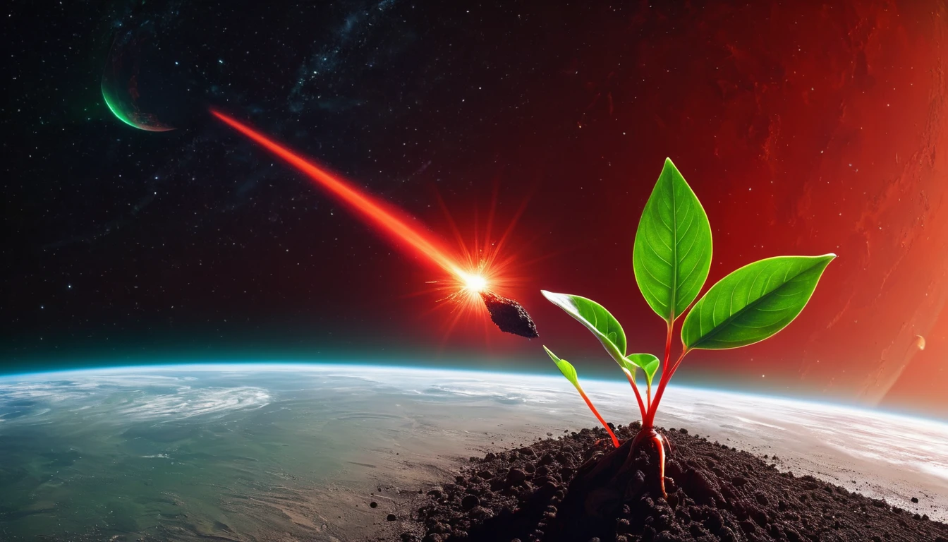 A fiery red comet with sharp edges flies towards the planet. A green sprout of a plant appears from the ground on the planet.. high quality, masterpiece