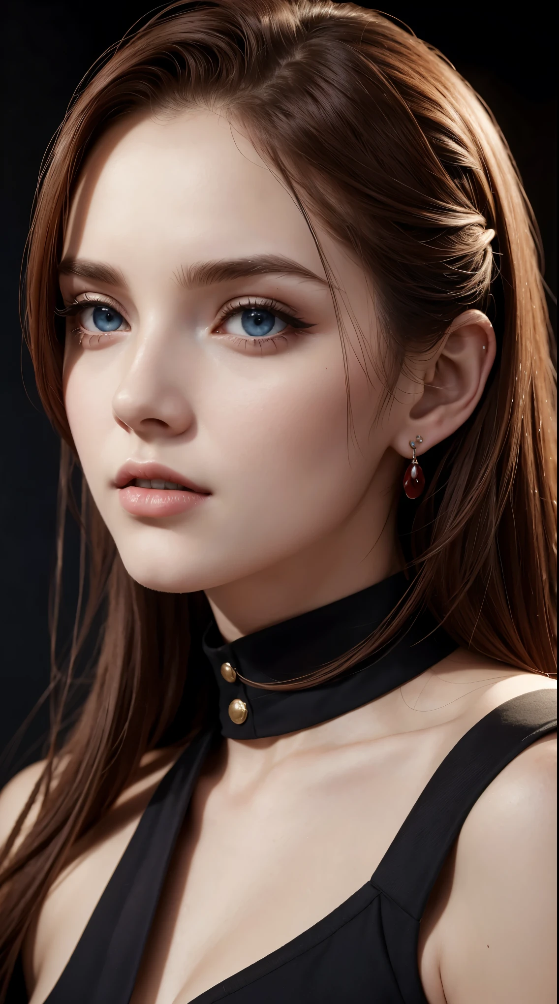 1 beautiful woman, 20 years old, long red hair (tied), pale white skin (highly detailed), bright blue eyes (vampire eyes), perfect body, makeup, red lips, earrings, black and red military officer uniform, cap black and red military officer photo, detailed light, illustration, depth of field (best quality), (background blur: 0.6), beautiful and soft lighting, (front light: 1.5), (ultra high resolution, best quality), (8k), best quality, masterpiece), technological sense, best quality, masterpiece, illustration, official art, incredibly fine details, extremely delicate and beautiful, extremely detailed, highly detailed, sharp focus, rich background, ( real person, photograph), ((highly detailed skin)),