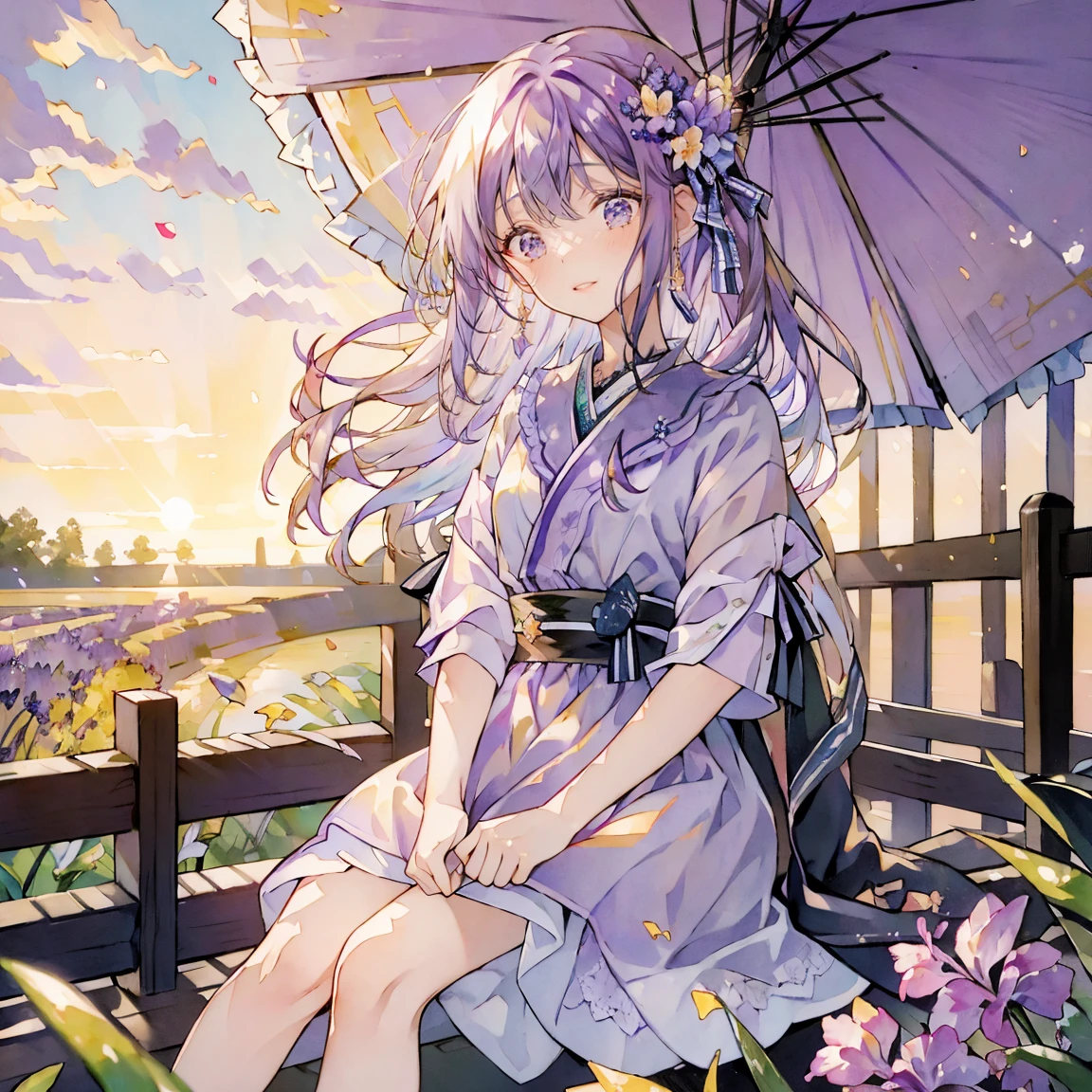 ((masterpiece, highest quality, best image quality, High resolution, )), 夕日を背景にした紫色のflower garden, really beautiful nature, Lilac Sun Raise, Lavender fields in full bloom, beautiful nature, purple sky, beautiful purple sky, Purple Sunset, violet and yellow sunset, very beautiful, In a lavender field in France, at Purple Sunset, beautiful place, 幻想的なflower garden, Purple Sun, flower garden, A young woman is sitting in a small boat in the middle of a lavender field, 