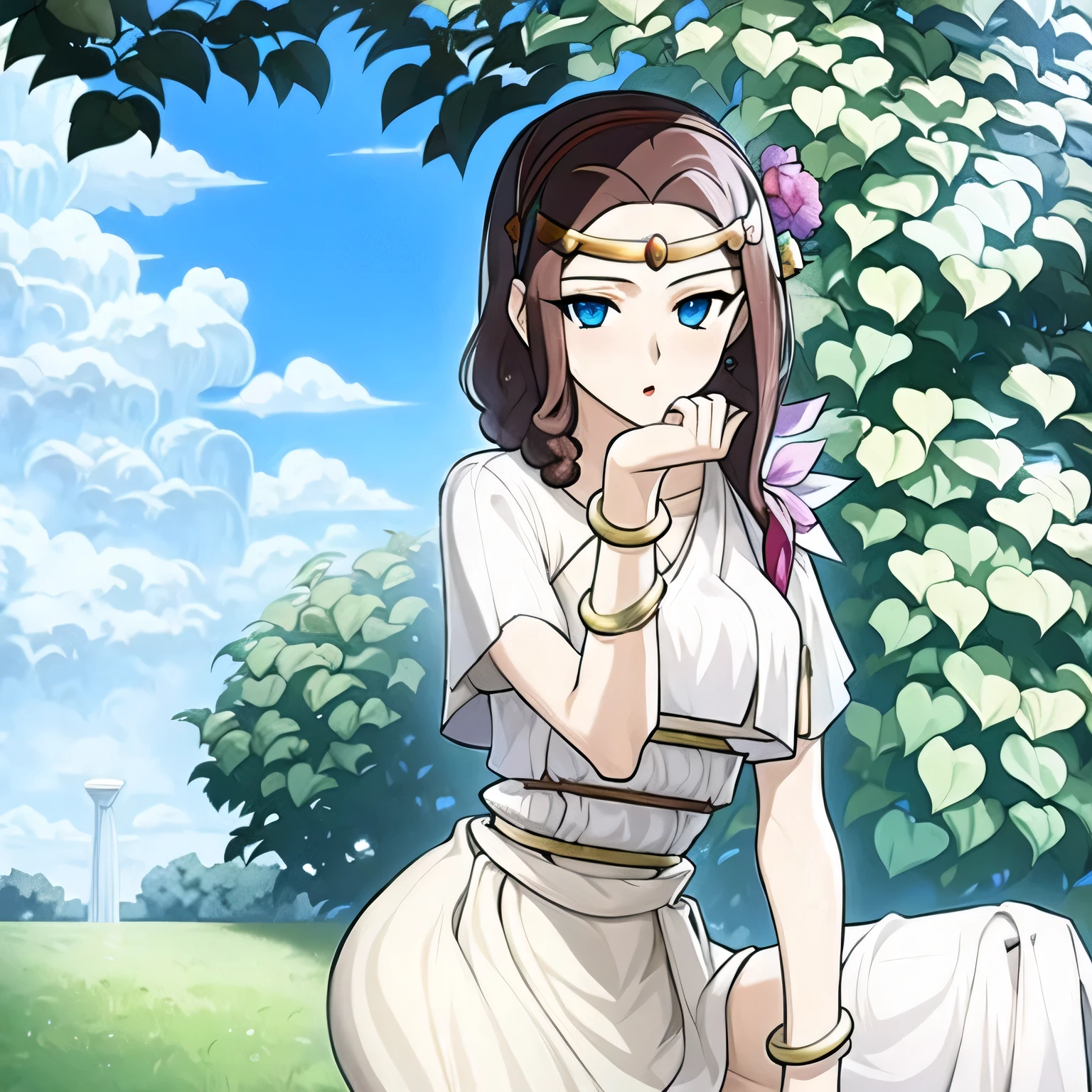 (masterpiece, best quality:1.2), 1girl, solo, brunette, jewelry, white robe, bracelets, blue eyes, Yugioh style, hairband, circlet, sitting, heaven background, cloudy, looking at viewer shy, hair with curly ends, hands cupped carrying silver coins