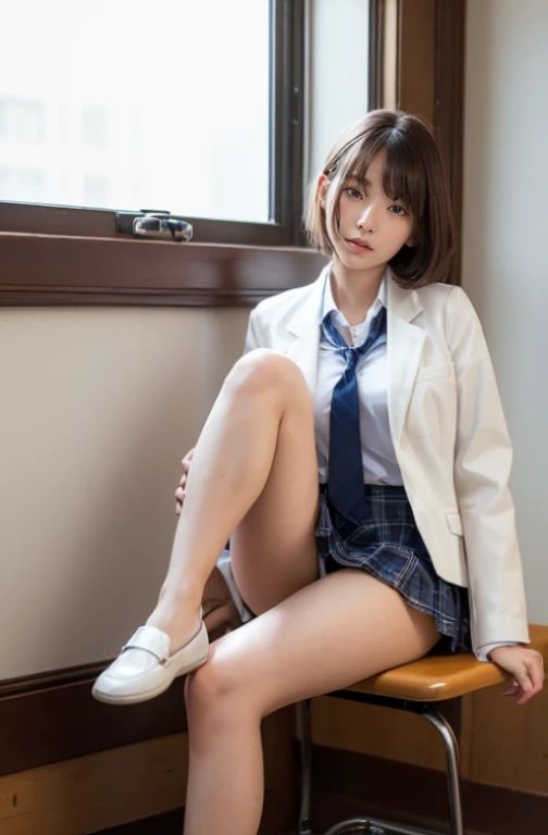 Top quality, high resolution, very detailed, masterpiece, raw photo, realistic, photorealistic, very delicate and beautiful., delicate details, rough skin, 1 girl, alone, I am an 18-year-old Japanese girl, wearing a high, classroom, (body facing the camera: 1.3), (I sit with my legs on the side on the school chair: 1.2), (please show me your white panties: 1.2), dark blue jacket and checkered skirt, white shirt, tie, black loafers, (face is really beautiful.:1.5), high, brown hair, short hair, perfect proportions, (nsfw), A very sexy pose