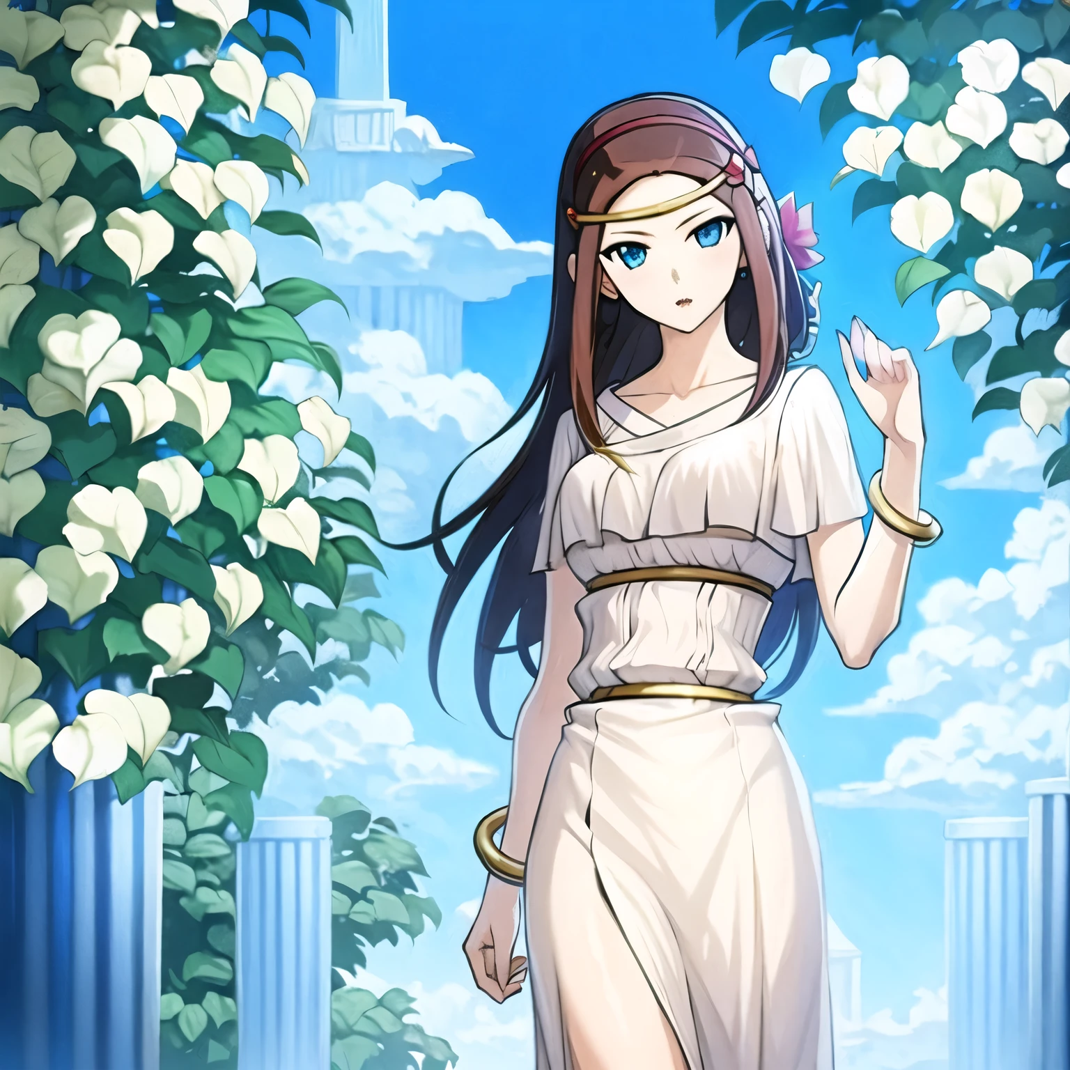 (masterpiece, best quality:1.2), 1girl, solo, brunette, jewelry, white robe, bracelets, blue eyes, Yugioh style, hairband, circlet, standing, heaven background, cloudy, looking at viewer shy