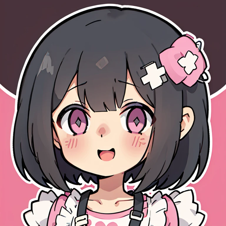 One person, black hair, Bangs, short hair, pink clip hair, happy face, Cute clothes