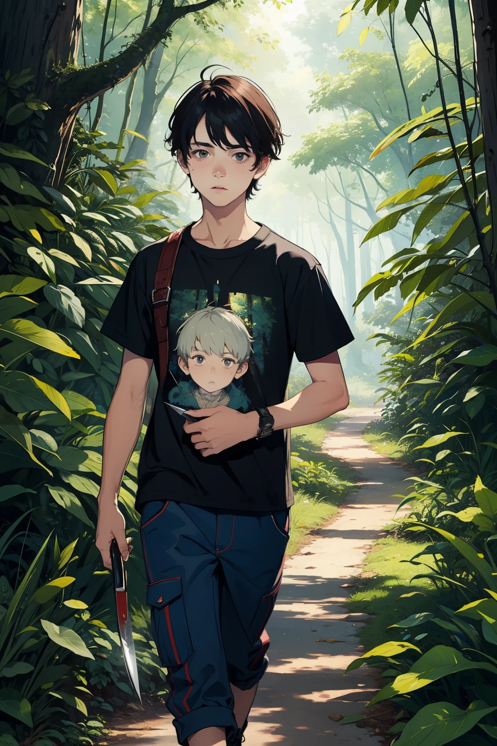 ((best quality)), ((masterpiece)), (detailed), perfect face A  boy wearing a sick shirt carries a knife and walks in the forest.
