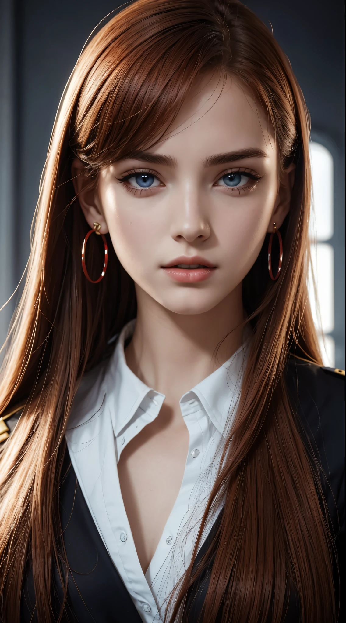 1 beautiful woman, 20 years old, long red hair (tied), pale white skin (highly detailed), bright blue eyes (vampire eyes), perfect body, makeup, red lips, earrings, black and red military officer uniform, cap black and red military officer photo, detailed light, illustration, depth of field (best quality), (background blur: 0.6), beautiful and soft lighting, (front light: 1.5), (ultra high resolution, best quality), (8k), best quality, masterpiece), technological sense, best quality, masterpiece, illustration, official art, incredibly fine details, extremely delicate and beautiful, extremely detailed, highly detailed, sharp focus, rich background, ( real person, photograph), ((highly detailed skin)),