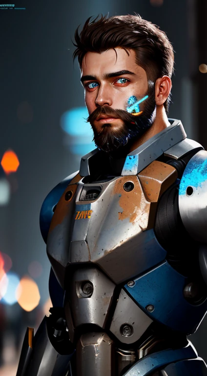 Portrait photo of muscular bearded guy in a worn mech suit, ((light bokeh)), intricate, (steel metal [rust]), elegant, sharp focus, photo by greg rutkowski, soft lighting, vibrant colors, (masterpiece), ((streets)), (detailed face:1.2), (glowing blue eyes:1.1)