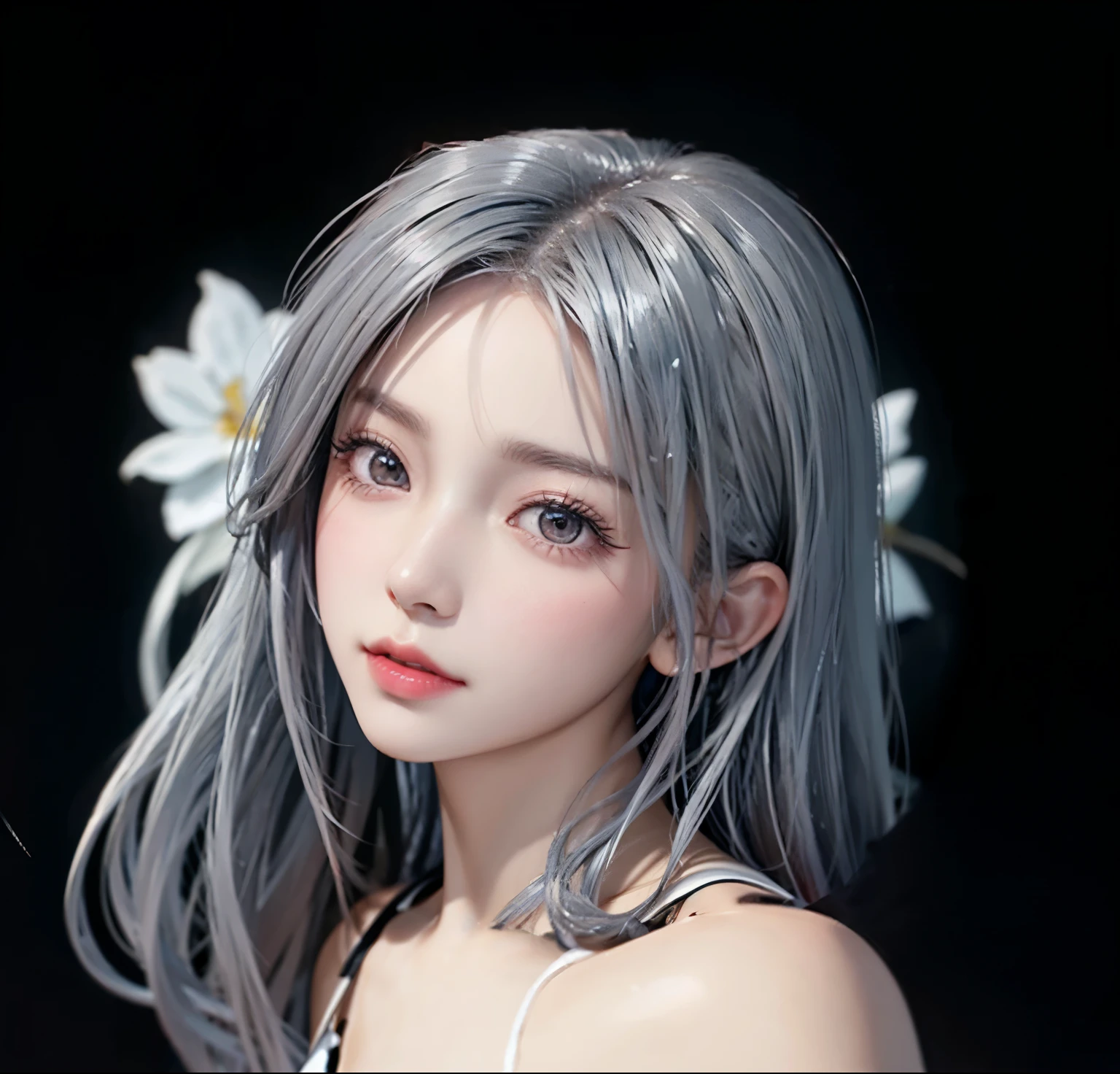 girl, beautiful face, side view, high detailed real eye, beautiful pupil, double eyelid, silver color hair, high detailed real skin, high quality skin, beautiful skin, masterpiece,