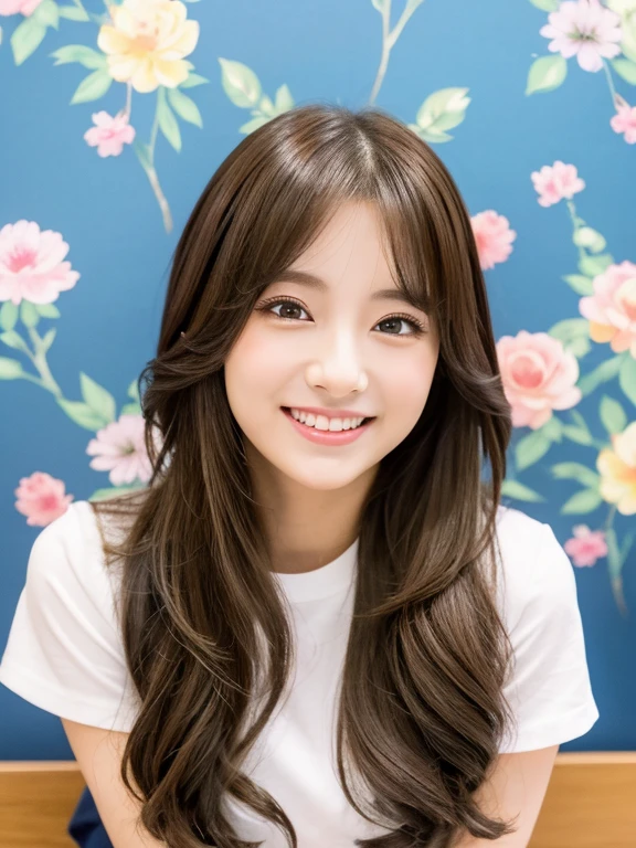 highest quality, shape, Super detailed, finely, High resolution, 8k wallpaper、(cute beautiful girl, High aesthetic sense, highest quality, masterpiece, very detailed:1.2), (software), 女の子は健康的な肌とかなりsmileの美しさ端正な顔と光沢のある唇、Slim and busty、It has a very detailed and beautiful silhouette., fair-skinned Japanese、Silky soft hair with long, loose perm、Trendy hairstyles in Harajuku、Brown hair leaning towards black、30 year old girl、sexy and cute、beautiful and detailed face、perfect and beautiful face,Big eyes、perfect and beautiful double eyelids、perfect and beautiful face、Feminine poses、beautiful and detailed face、smile, , short sleeve、Loafers、high socks、Full body wallpaper、少し恥ずかしそうなsmile