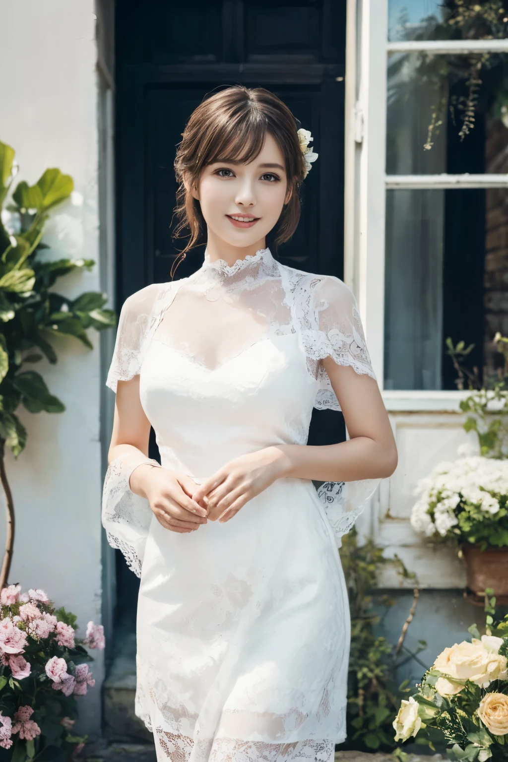 ((table top:1.4, highest quality)), (realistic pictures:1.4),
((1 girl)), (Pure actress), (dream-like),
(超High resolution:1.2), very delicate and beautiful, wonderful, Highly detailed CG Unity 8K wallpaper, Super detailed, High resolution,
soft light, beautiful detailed girl, highly detailed eyes and face, beautifully detailed nose, beautiful and detailed eyes,
(wear a white lace dress:1.3), (lace shawl)
cinematic lighting, perfect anatomy, slender body, (parted bangs),
(Standing in an old French town:1.3), (White Wall House々:1.3), (Colorful flowers blooming all over the wall々), (window), (refreshing weather), (outdoor),
cowboy shot, looking at the viewer, (archaic smile)