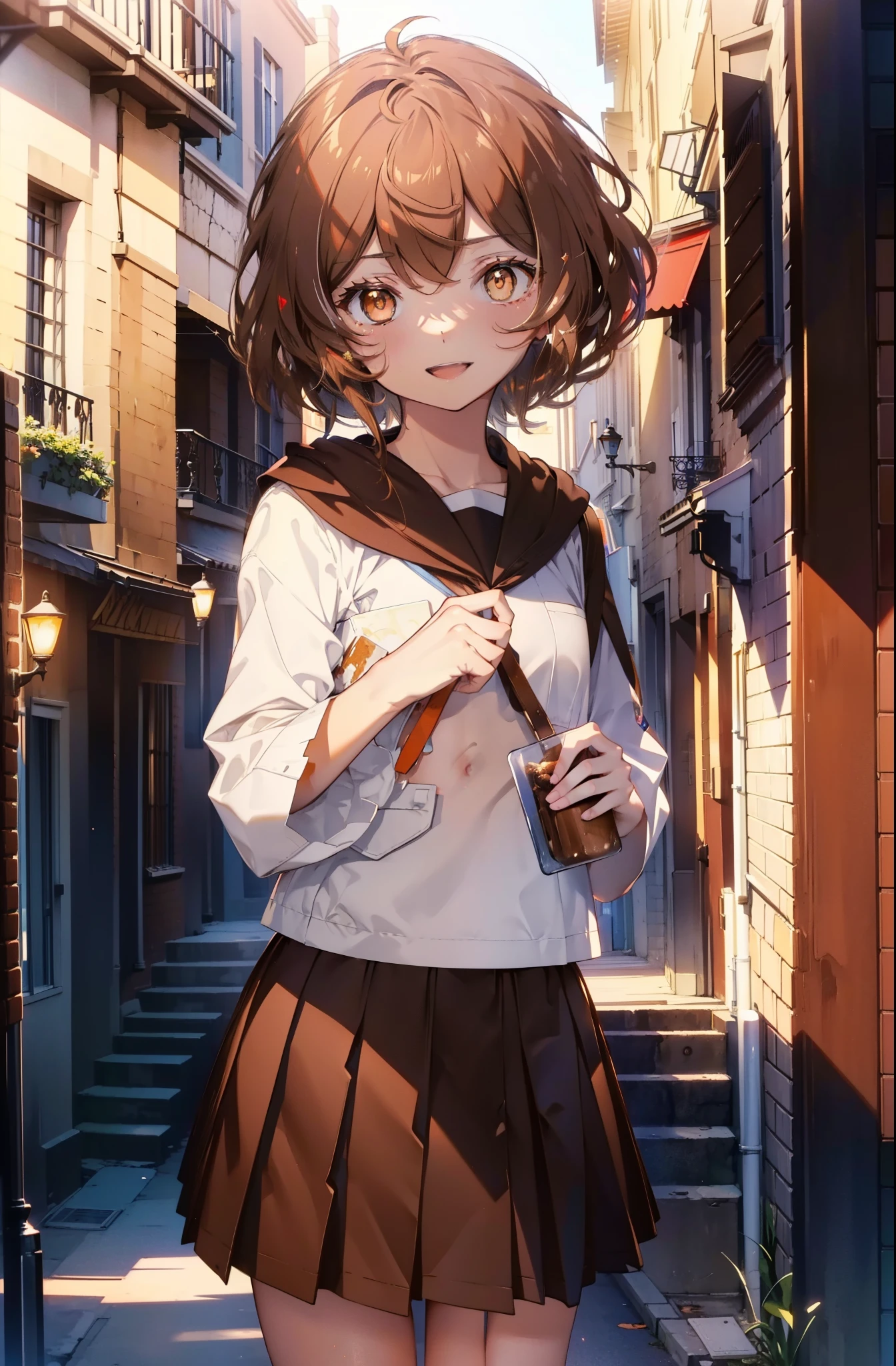 lil card, Liliruka gets burned, (brown eyes:1.7), brown hair, (flat chest:1.2),happy smile, smile, open your mouth, short hair,white Y-shirt,brown blazer,Brown pleated skirt,black pantyhose,brown loafers,evening,sunset,
break looking at viewer,
break outdoors,In town,building street,
break (masterpiece:1.2), highest quality, High resolution, unity 8k wallpaper, (shape:0.8), (fine and beautiful eyes:1.6), highly detailed face, perfect lighting, Very detailed CG, (perfect hands, perfect anatomy),