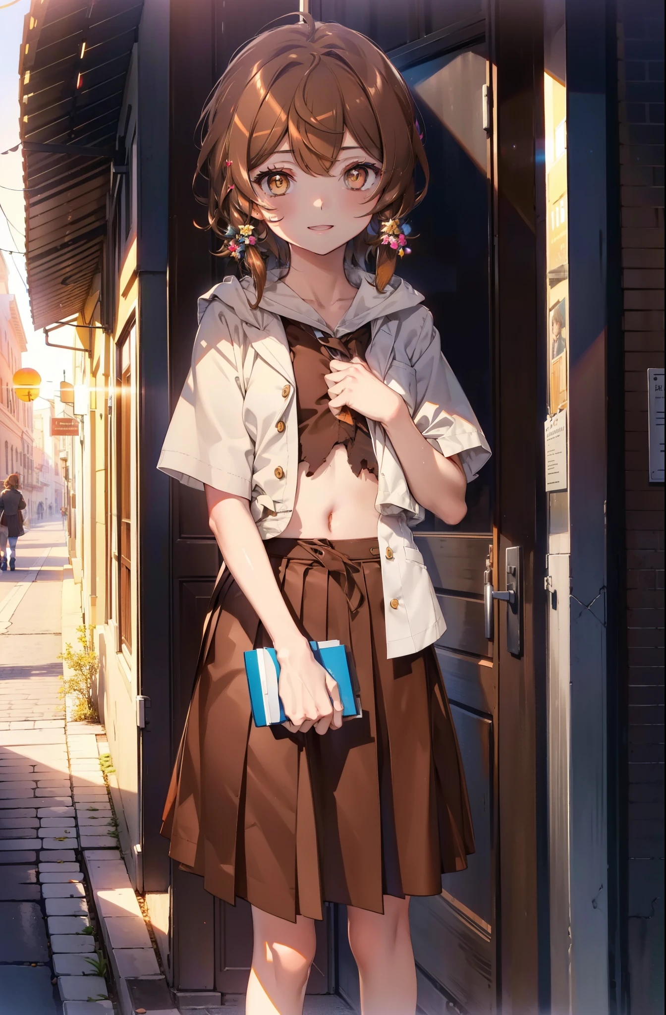 lil card, Liliruka gets burned, (brown eyes:1.7), brown hair, (flat chest:1.2),happy smile, smile, open your mouth, short hair,white Y-shirt,brown blazer,Brown pleated skirt,black pantyhose,brown loafers,evening,sunset,
break looking at viewer,
break outdoors,In town,building street,
break (masterpiece:1.2), highest quality, High resolution, unity 8k wallpaper, (shape:0.8), (fine and beautiful eyes:1.6), highly detailed face, perfect lighting, Very detailed CG, (perfect hands, perfect anatomy),