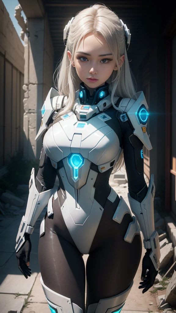 ((Best Quality)), ((Masterpiece)), (Very Detailed:1.3), 3D, Shitu-mecha, Beautiful cyberpunk woman with her white and blue mech in the ruins of a city in the forgotten war, Ancient technology, HDR (High Dynamic Range), ray tracing, NVIDIA RTX, Super Resolution, Unreal 5, Subsurface scattering, PBR texture, Post-processing, Anisotropic filtering, Depth of field, Maximum sharpness and sharpness, Multi-layer texture, Albedo and highlight maps, Surface shading, Accurate simulation of light-material interactions, perfect proportions, octane rendering, duotone lighting, low ISO, white balance, rule of thirds, wide aperture, 8K RAW, efficient sub-pixels, subpixel convolution, luminescent particles, light scattering, Tyndall effect