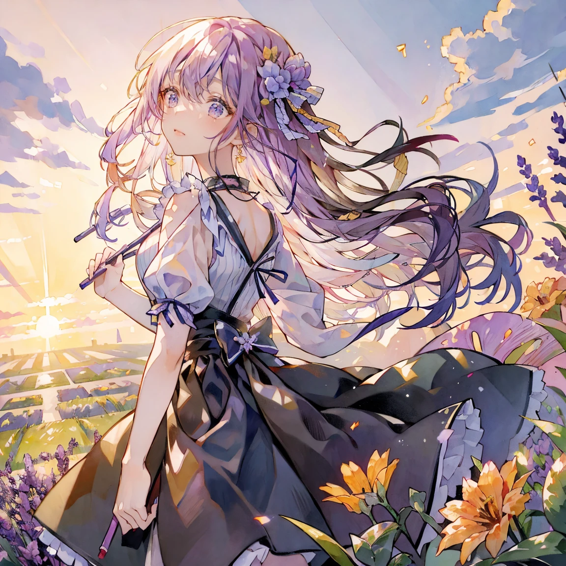 NSFW , ultra detailed, hyper detailed, best quality, highres, 4K, field of flowers, woman, from below, looking at viewer, puzzled, happy, , shy, very long hair, wave hair, gradient hair, tall, slender,flat chest, gothic , (up skirt) ,no pantieves, dappled sunlight,