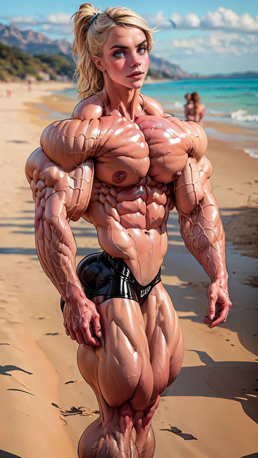 (1 girl:1.25), (cara delevingne:1.25), (a photo of a bodybuilder girl wearing latex panties on the beach:1.25), (long pink hair:1.25), (huge upper body:1.25), (wide shoulders:1.25), (huge muscular arms:1.45,) (10-pack abs:1.25), (lots of veins:1.25),Realistic, Very detailed face and eyes, masterpiece