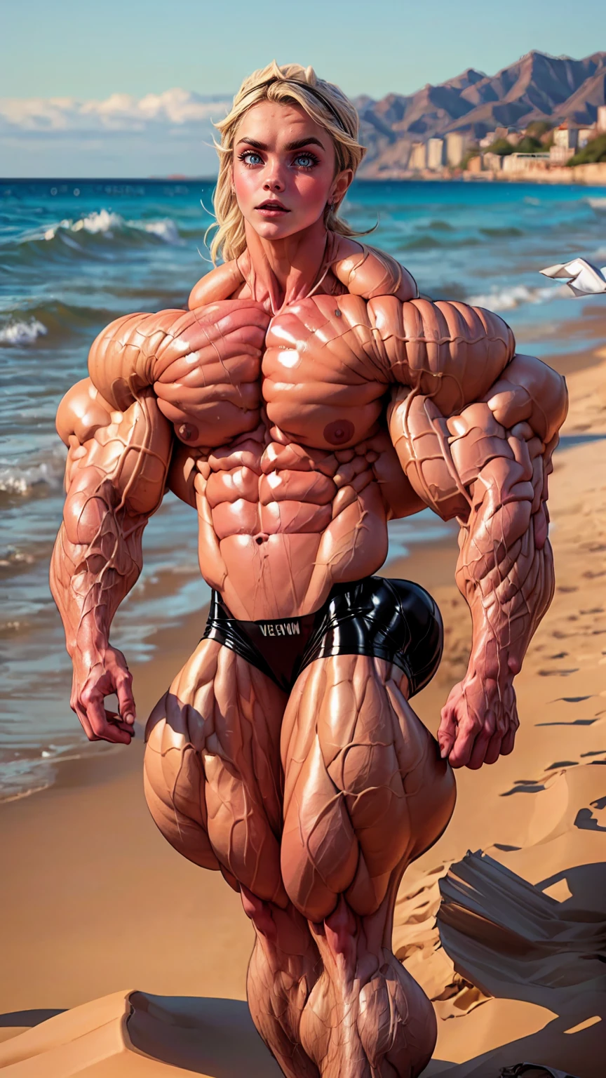 (1 girl:1.25), (cara delevingne:1.25), (a photo of a bodybuilder girl wearing latex panties on the beach:1.25), (long pink hair:1.25), (huge upper body:1.25), (wide shoulders:1.25), (huge muscular arms:1.45,) (10-pack abs:1.25), (lots of veins:1.25),Realistic, Very detailed face and eyes, masterpiece