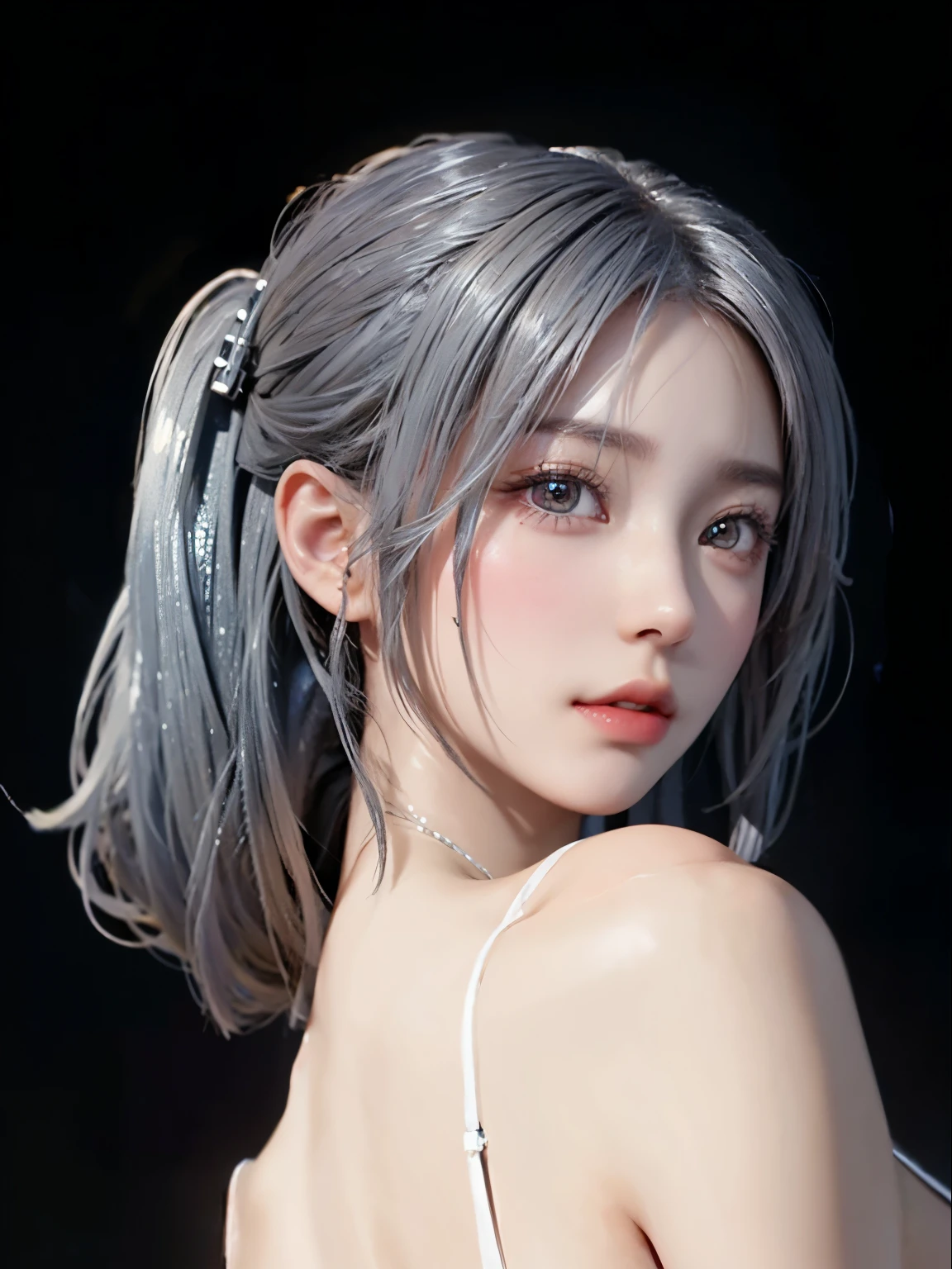 girl, beautiful face, side view, high detailed real eye, beautiful pupil, double eyelid, silver color hair, high detailed real skin, high quality skin, beautiful skin, masterpiece,