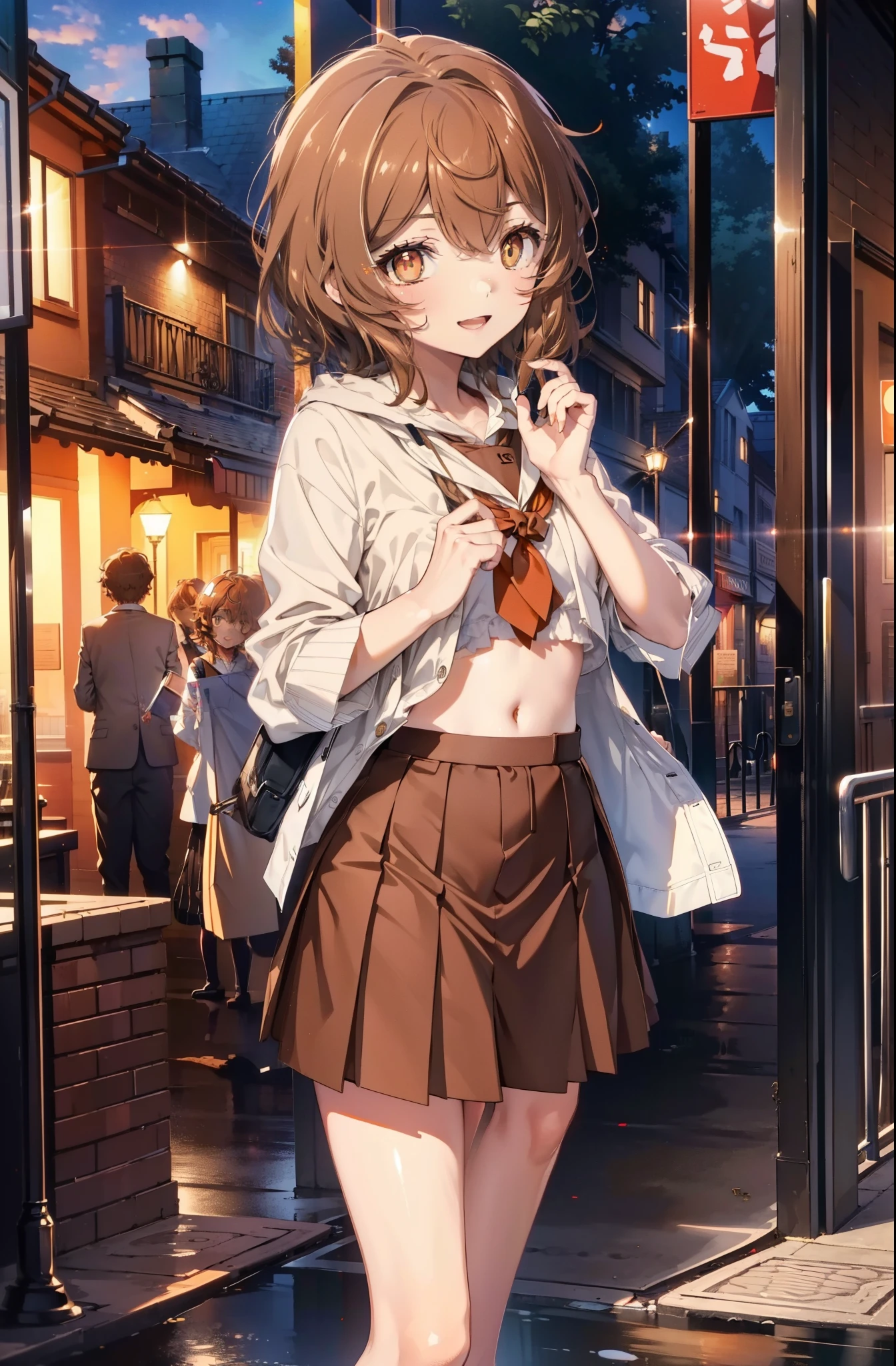 lil card, Liliruka gets burned, (brown eyes:1.7), brown hair, (flat chest:1.2),happy smile, smile, open your mouth, short hair,white Y-shirt,brown blazer,Brown pleated skirt,black pantyhose,brown loafers,evening,sunset,
break looking at viewer,
break outdoors,In town,building street,
break (masterpiece:1.2), highest quality, High resolution, unity 8k wallpaper, (shape:0.8), (fine and beautiful eyes:1.6), highly detailed face, perfect lighting, Very detailed CG, (perfect hands, perfect anatomy),