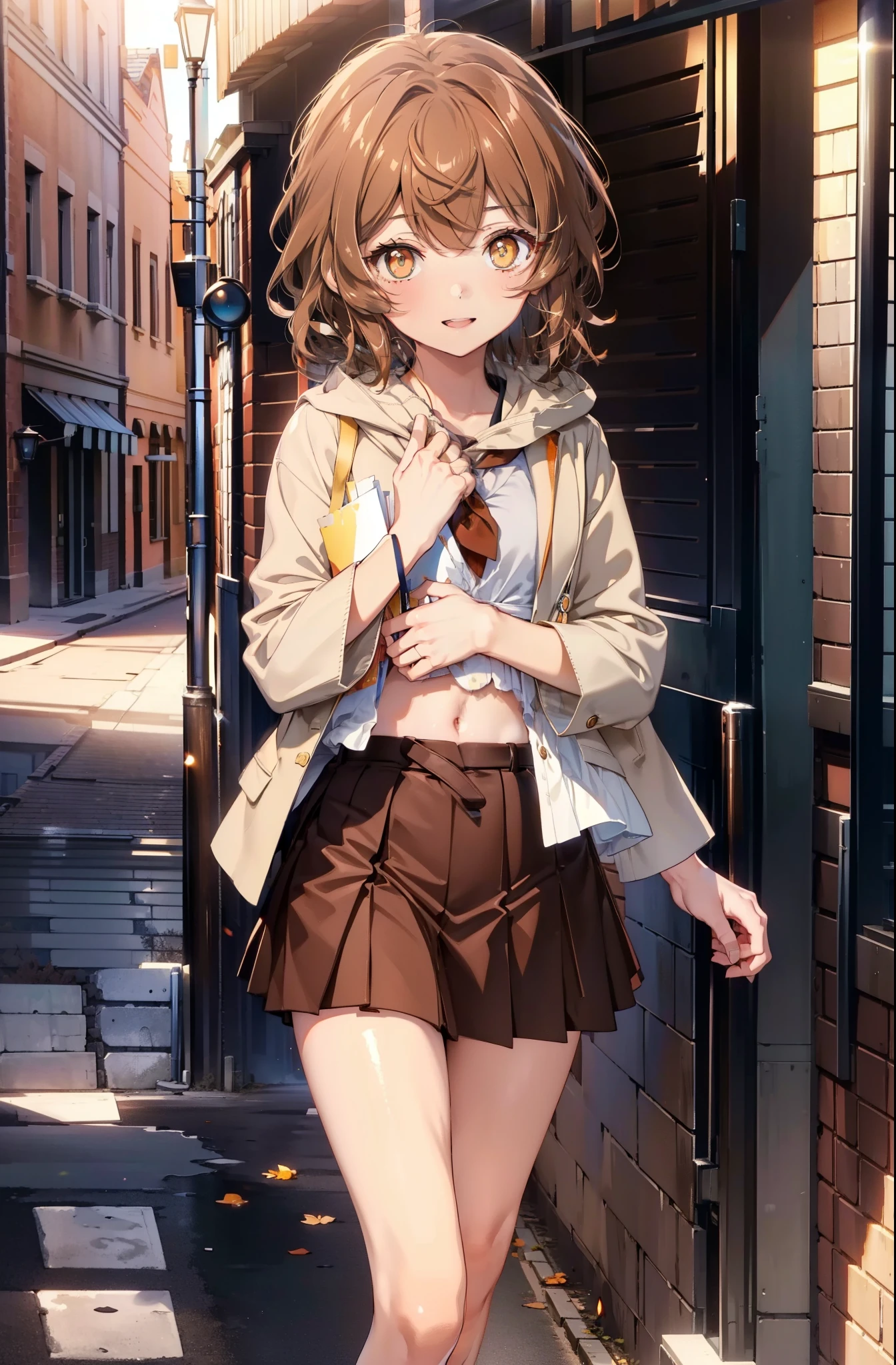 lil card, Liliruka gets burned, (brown eyes:1.7), brown hair, (flat chest:1.2),happy smile, smile, open your mouth, short hair,white Y-shirt,brown blazer,Brown pleated skirt,black pantyhose,brown loafers,evening,sunset,
break looking at viewer,
break outdoors,In town,building street,
break (masterpiece:1.2), highest quality, High resolution, unity 8k wallpaper, (shape:0.8), (fine and beautiful eyes:1.6), highly detailed face, perfect lighting, Very detailed CG, (perfect hands, perfect anatomy),