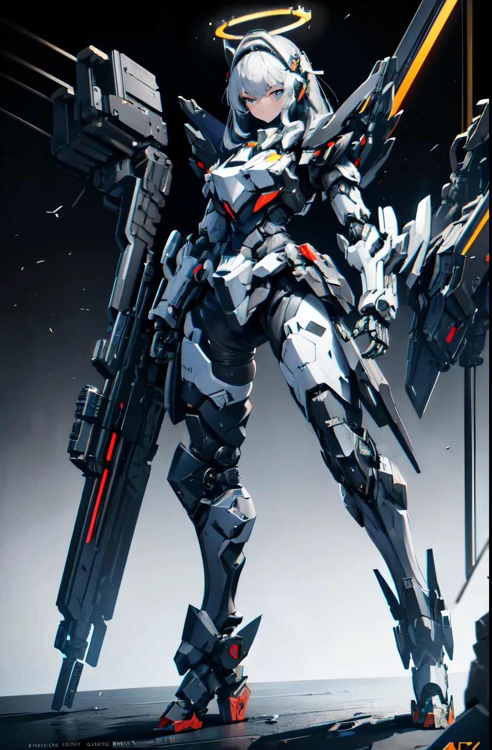 female robot, mechanically articulated limbs, The whole body is covered with heavy mechanical armor., connected cables, perfect five fingers, tube that connects the body, long gray hair, Huge armor on both arms, Huge thruster on the waist, open stance, depiction from knee to head, Floating machine support unit, (Headgear with sharp angles on each side of the head: 1.2), ( Giant mechanical black halo: 1.2), Drone-type weapons, black giant weapon, Black Giant Cannon, Black Giant Laser Rifle, Mechanical nuclear giant rifle, masterpiece, highest quality, Capture the cutest moments, Depth of the bounds written, super detailed, ultra high resolution, c4d, octadale, 3D modeling, 8K, 16k,