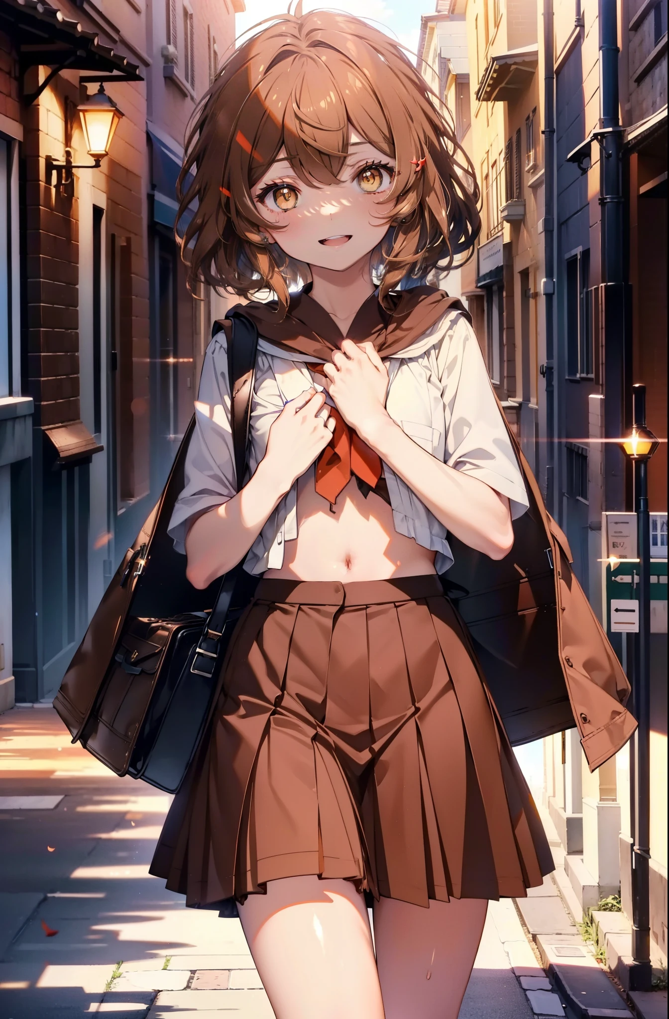 lil card, Liliruka gets burned, (brown eyes:1.7), brown hair, (flat chest:1.2),happy smile, smile, open your mouth, short hair,white Y-shirt,brown blazer,Brown pleated skirt,black pantyhose,brown loafers,evening,sunset,
break looking at viewer,
break outdoors,In town,building street,
break (masterpiece:1.2), highest quality, High resolution, unity 8k wallpaper, (shape:0.8), (fine and beautiful eyes:1.6), highly detailed face, perfect lighting, Very detailed CG, (perfect hands, perfect anatomy),